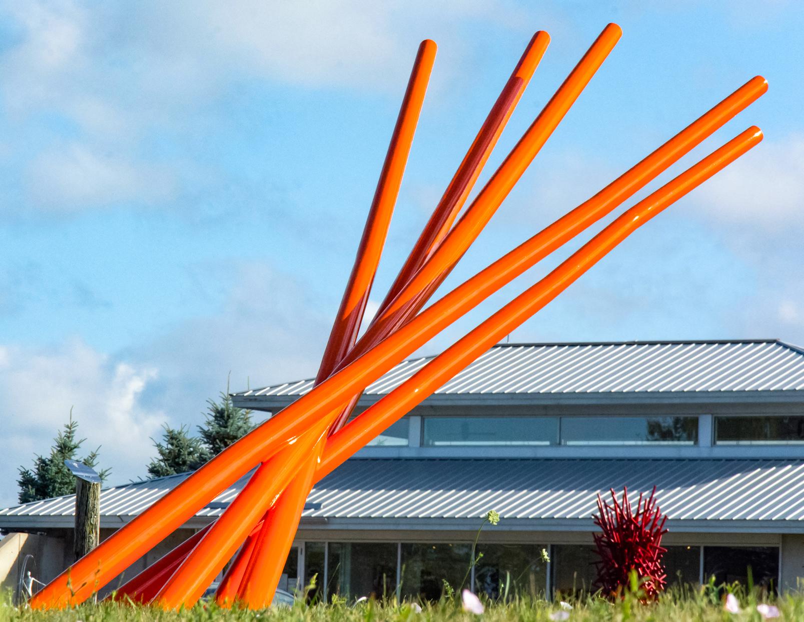 Tilted Orange - contemporary, geometric abstract, coated steel outdoor sculpture - Blue Abstract Sculpture by Shayne Dark