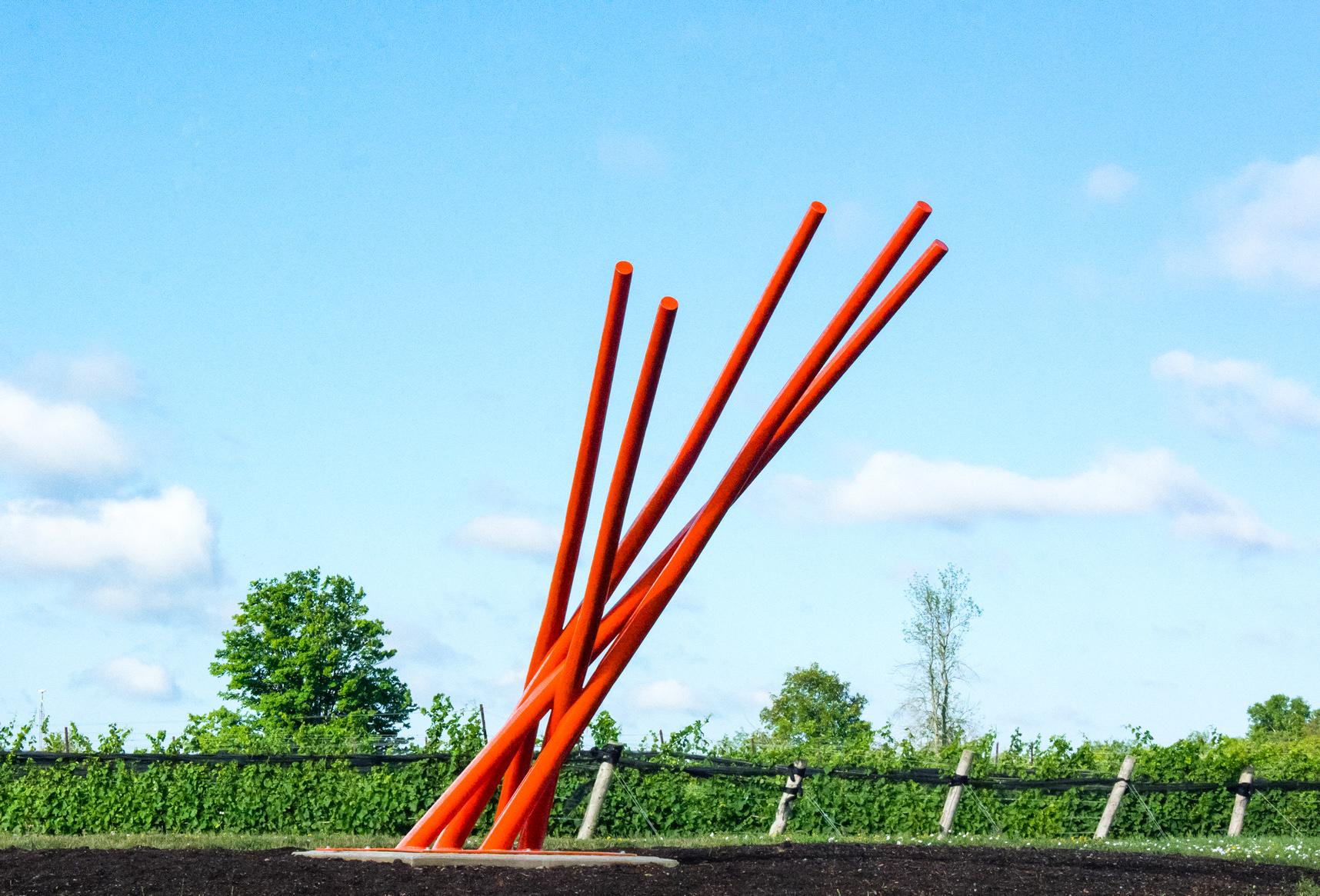 Shayne Dark Abstract Sculpture - Tilted Orange - contemporary, geometric abstract, coated steel outdoor sculpture