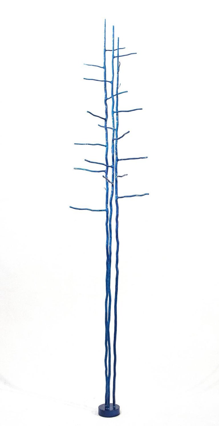 Triad Blue - tall, bright blue, organic industrial, forged steel tree sculpture - Sculpture by Shayne Dark