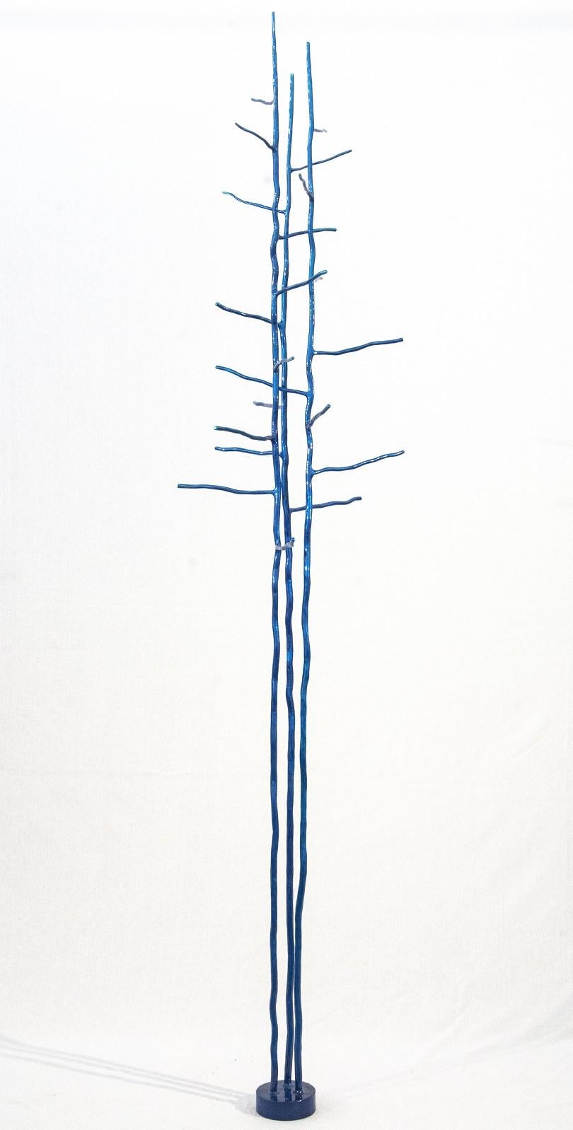 Triad Blue - tall, bright blue, organic industrial, forged steel tree sculpture
