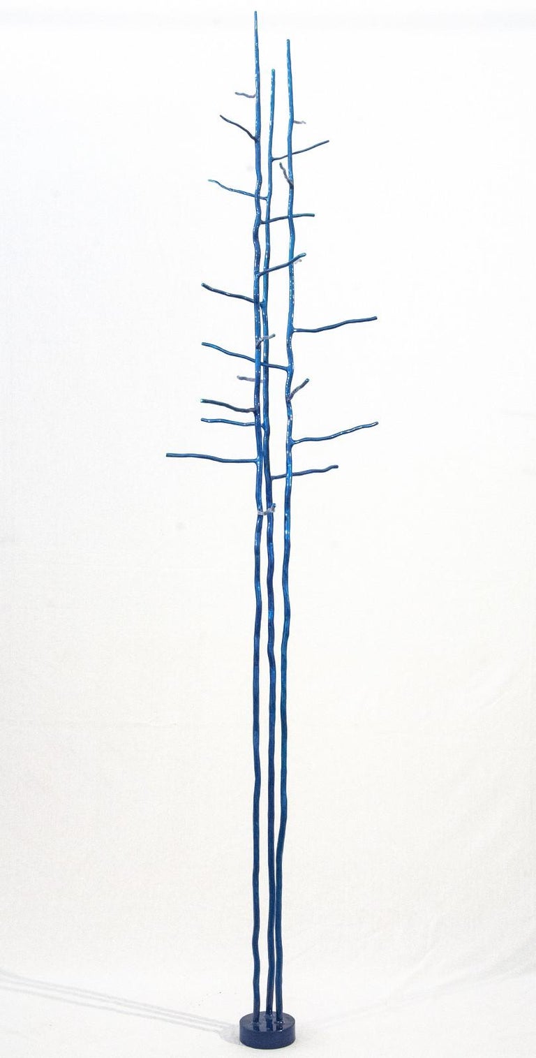 Shayne Dark Abstract Sculpture - Triad Blue - tall, bright blue, organic industrial, forged steel tree sculpture