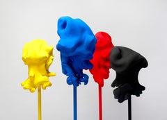 Windfall - playful, red, blue, yellow, black, painted, wood, standing sculptures
