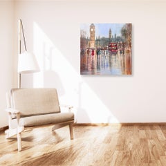Una sera di nebbia -pittura originale impressionista di paesaggio urbano - arte contemporanea