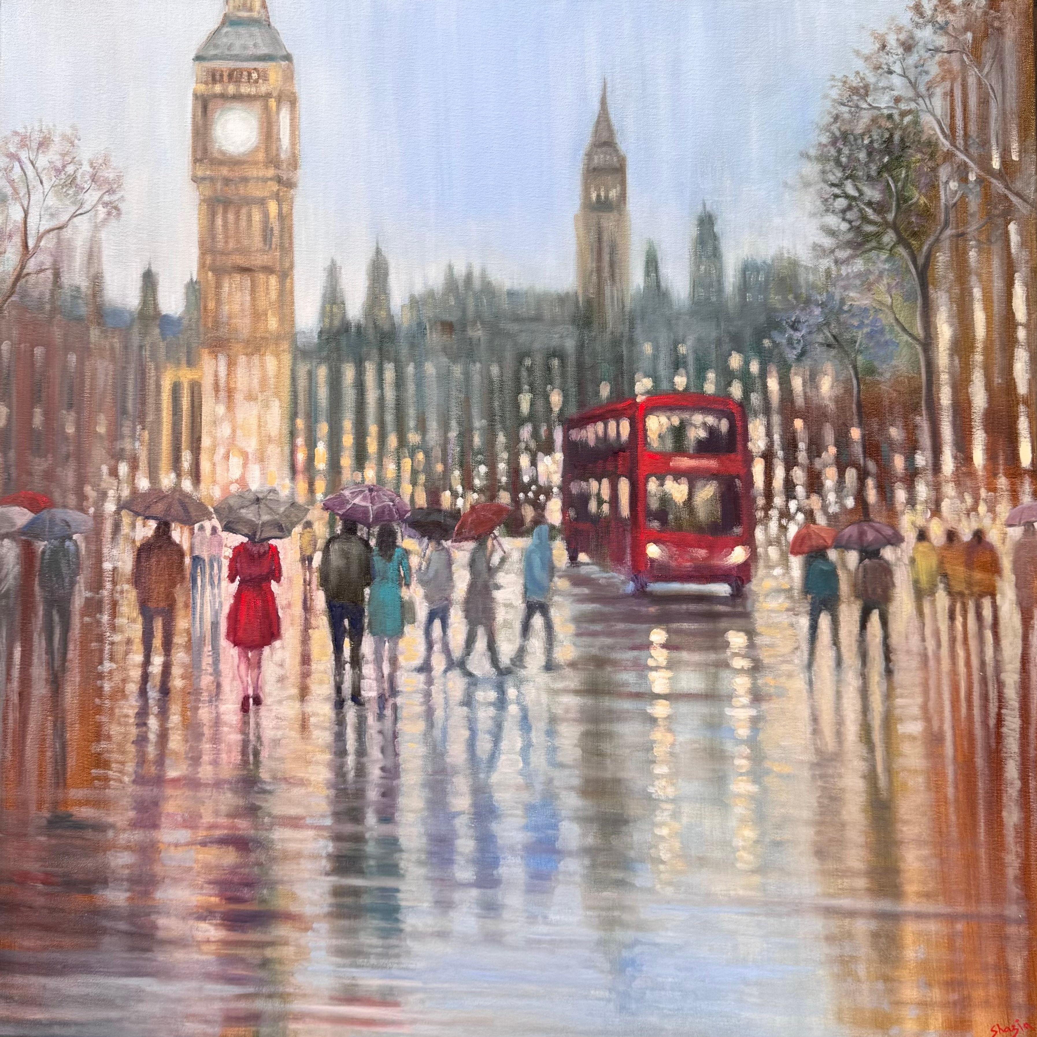 Una sera di nebbia -pittura originale impressionista di paesaggio urbano - arte contemporanea