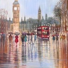 Una sera di nebbia -pittura originale impressionista di paesaggio urbano - arte contemporanea