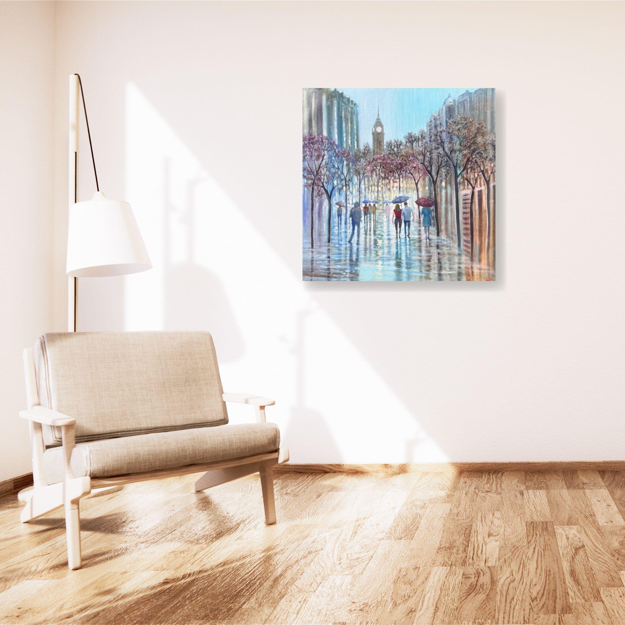 A Stroll Through - quadro originale impressionista con paesaggio urbano - arte contemporanea - Painting di Shazia Imran