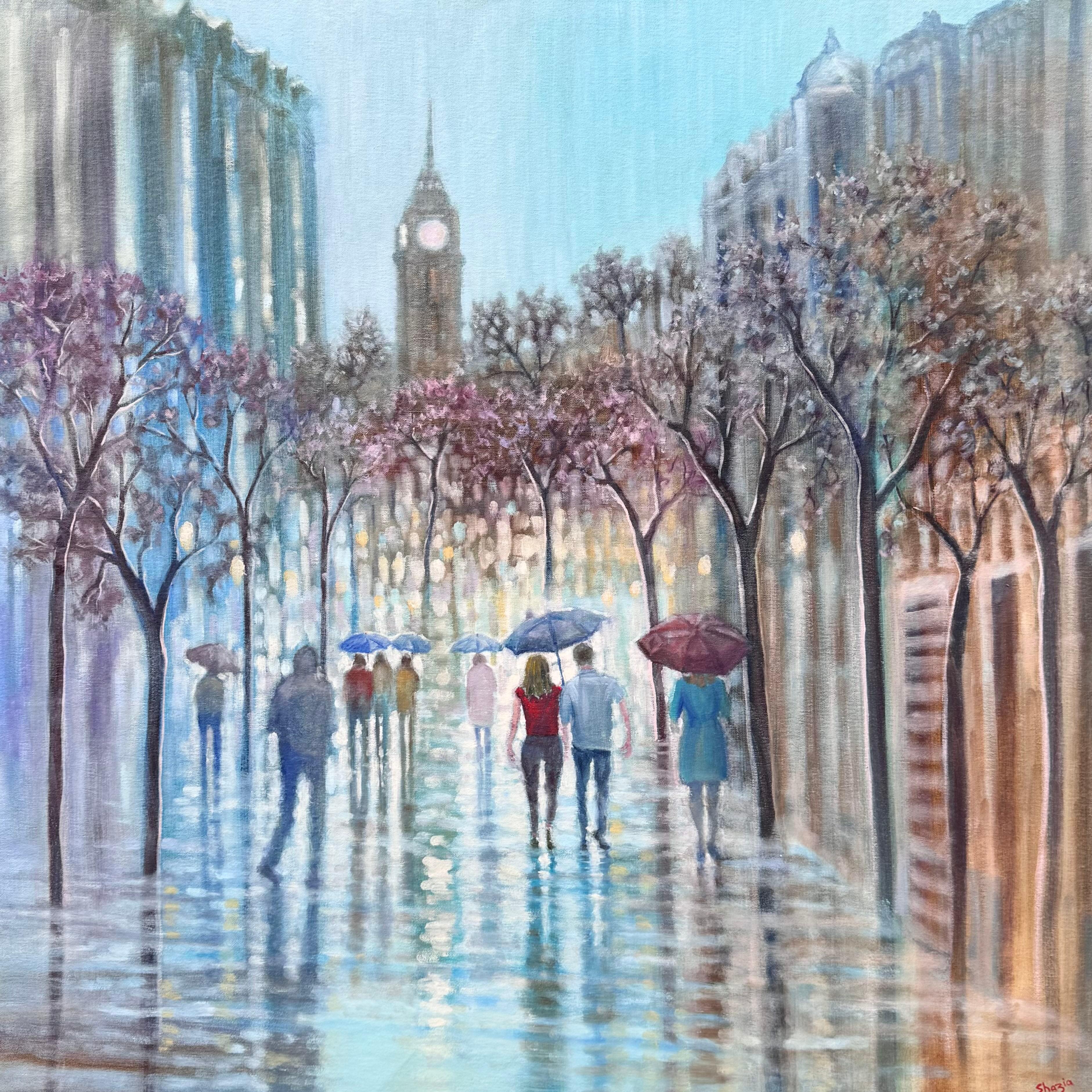 A Stroll Through - quadro originale impressionista con paesaggio urbano - arte contemporanea
