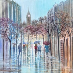 A Stroll Through - quadro originale impressionista con paesaggio urbano - arte contemporanea