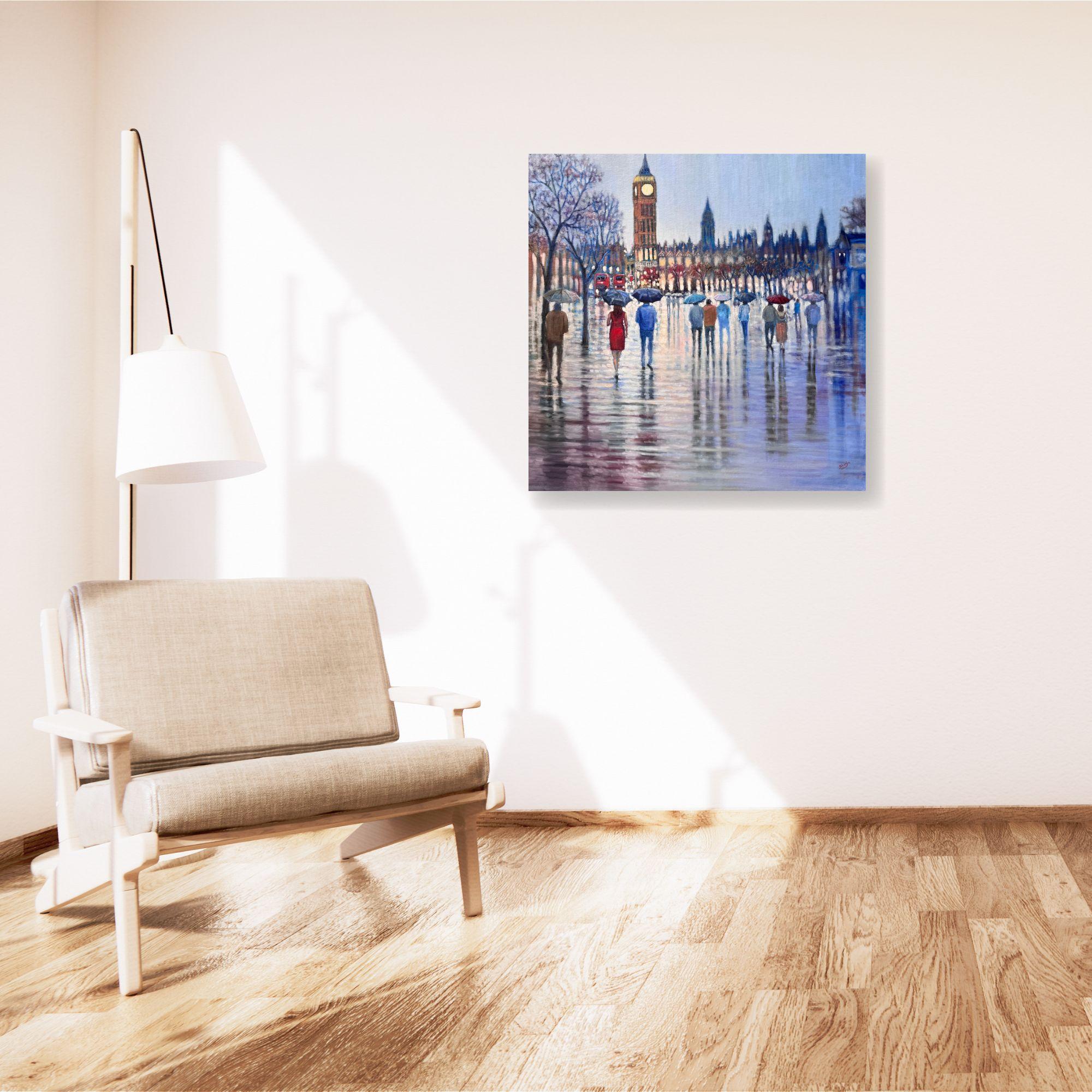 Lady in Red - original impressionism cityscape painting - contemporary art - Art Impressionismo astratto di Shazia Imran