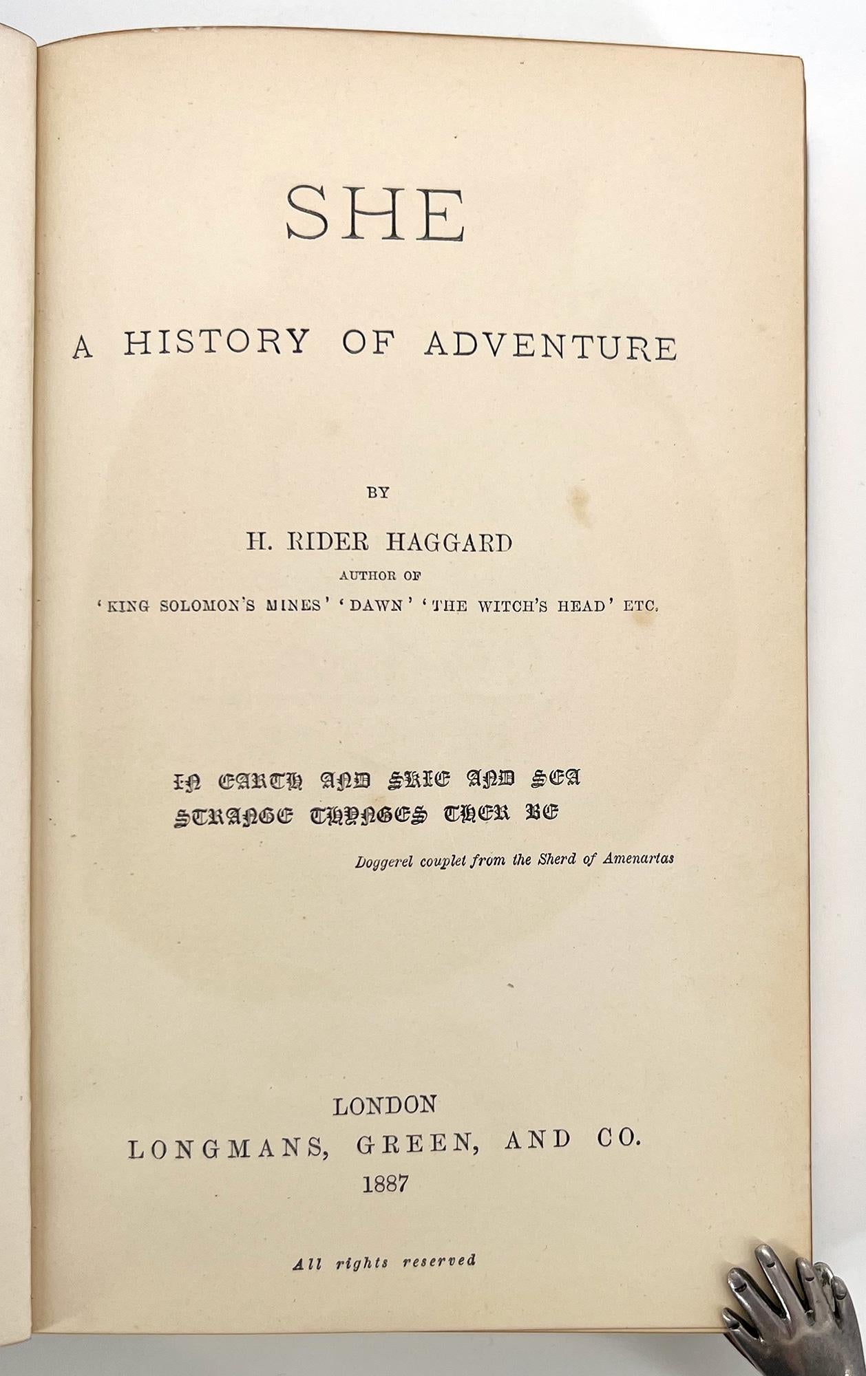 She: A History of Adventure by H. Rider HAGGARD In Excellent Condition For Sale In Middletown, NY