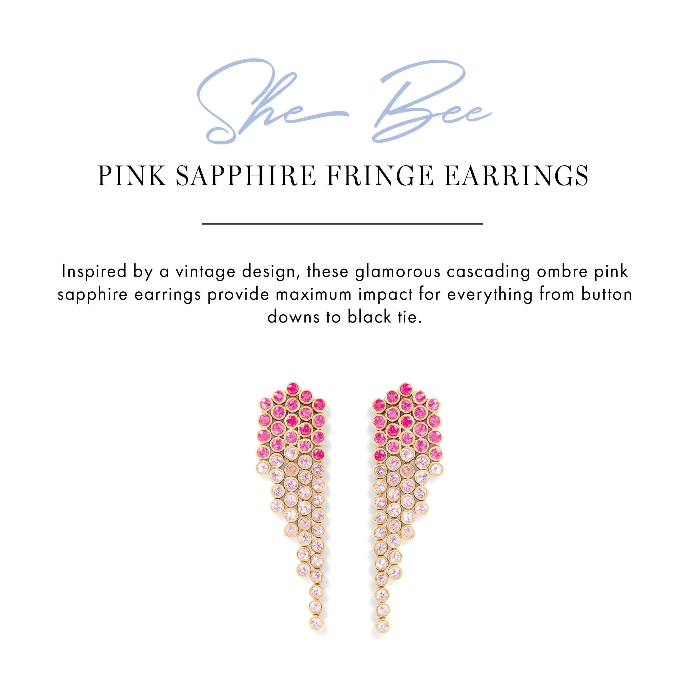 Inspired by a vintage design, these glamorous cascading ombre pink sapphire earrings provide maximum impact for everything from button downs to black tie.

14k Yellow Gold
Pink sapphires
2” long