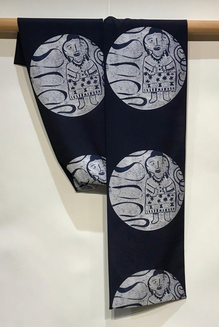 She is Unique, Melanie Yazzie navy poly crepe de chine scarf Navajo  For Sale 1