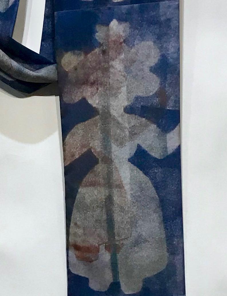 Gray She Stands With Me, by Melanie Yazzie, scarf, wearable art, blue, white, female For Sale