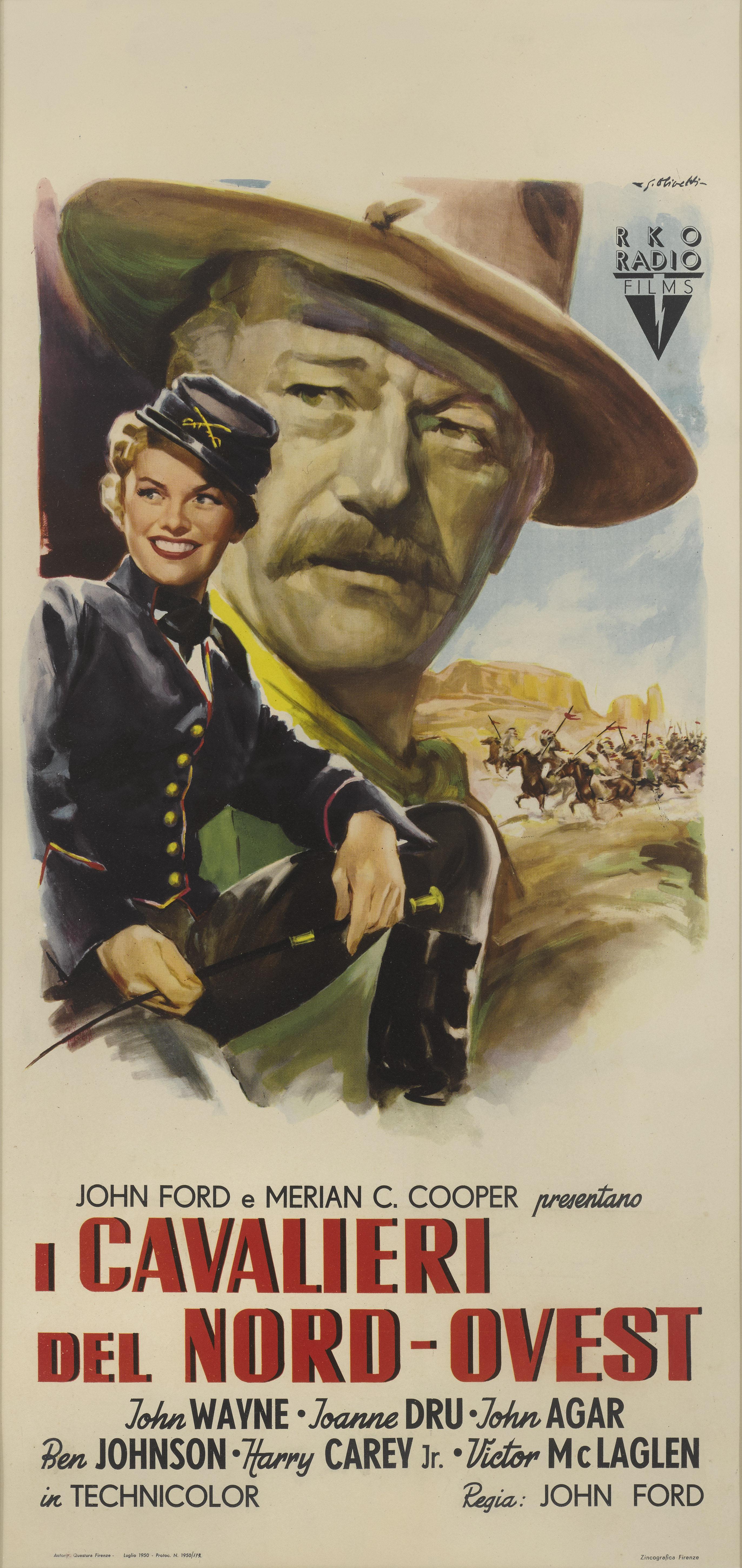 Original Italian film poster for the film She Wore a Yellow Ribbon 1949.
This western was directed by John Ford, and stars John Wayne, Joanne Dru and John Agar.
This poster was designed for the films first Italian release 1950.
The size given is