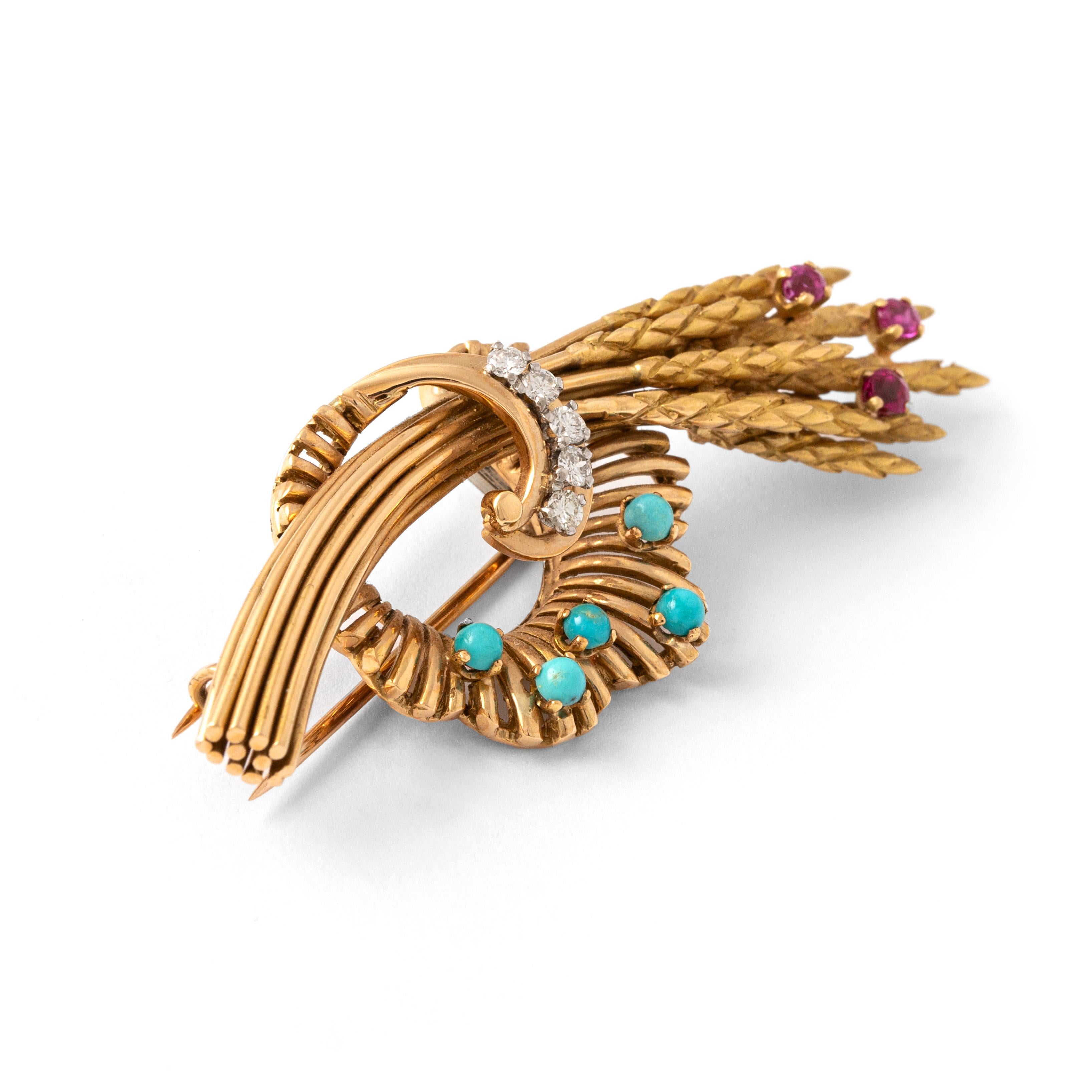 Gavilla de trigo Diamante Turquesa Rubí sobre oro amarillo 18K Broche 1940S Corte redondo en venta