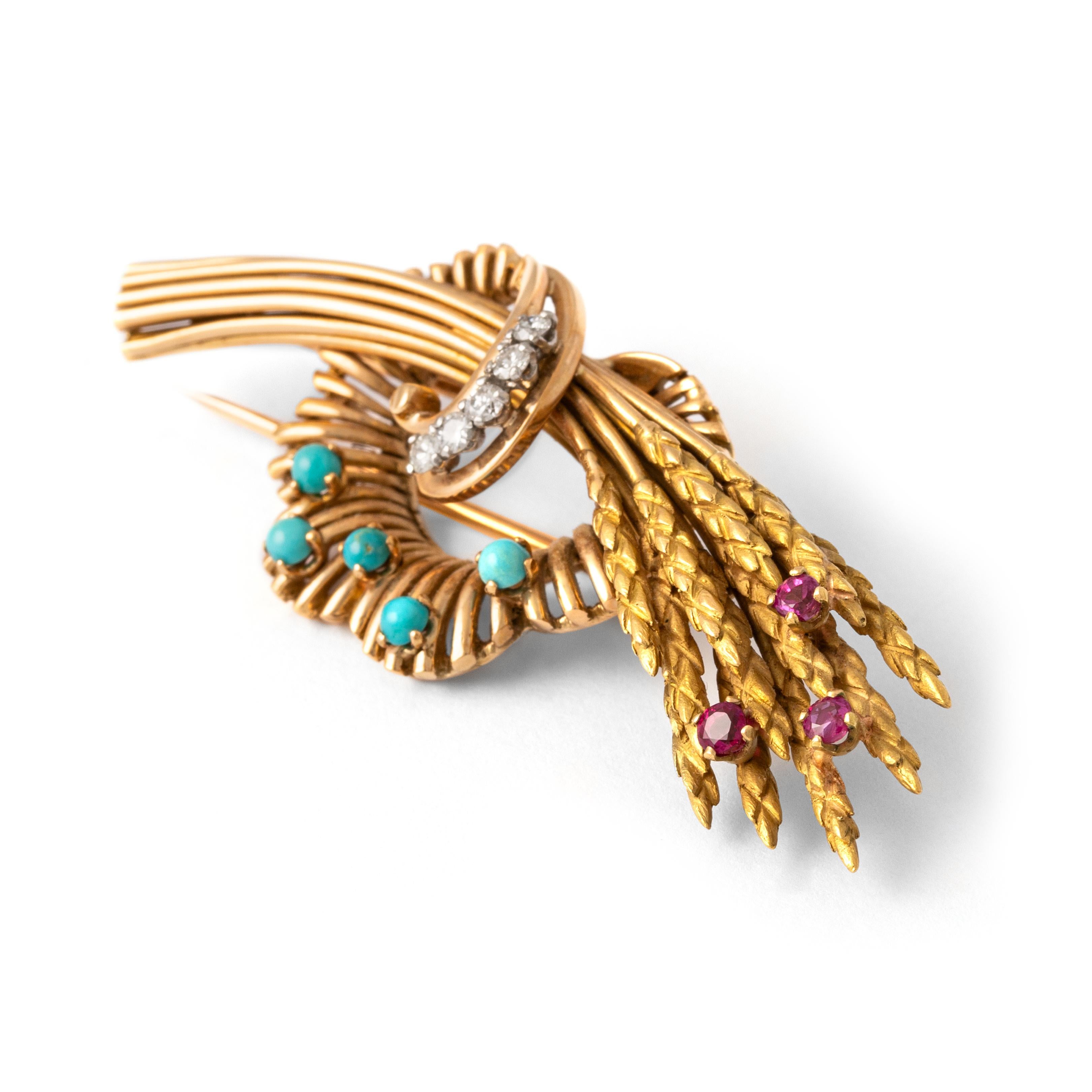 Gavilla de trigo Diamante Turquesa Rubí sobre oro amarillo 18K Broche 1940S en Bueno estado para la venta en Geneva, CH