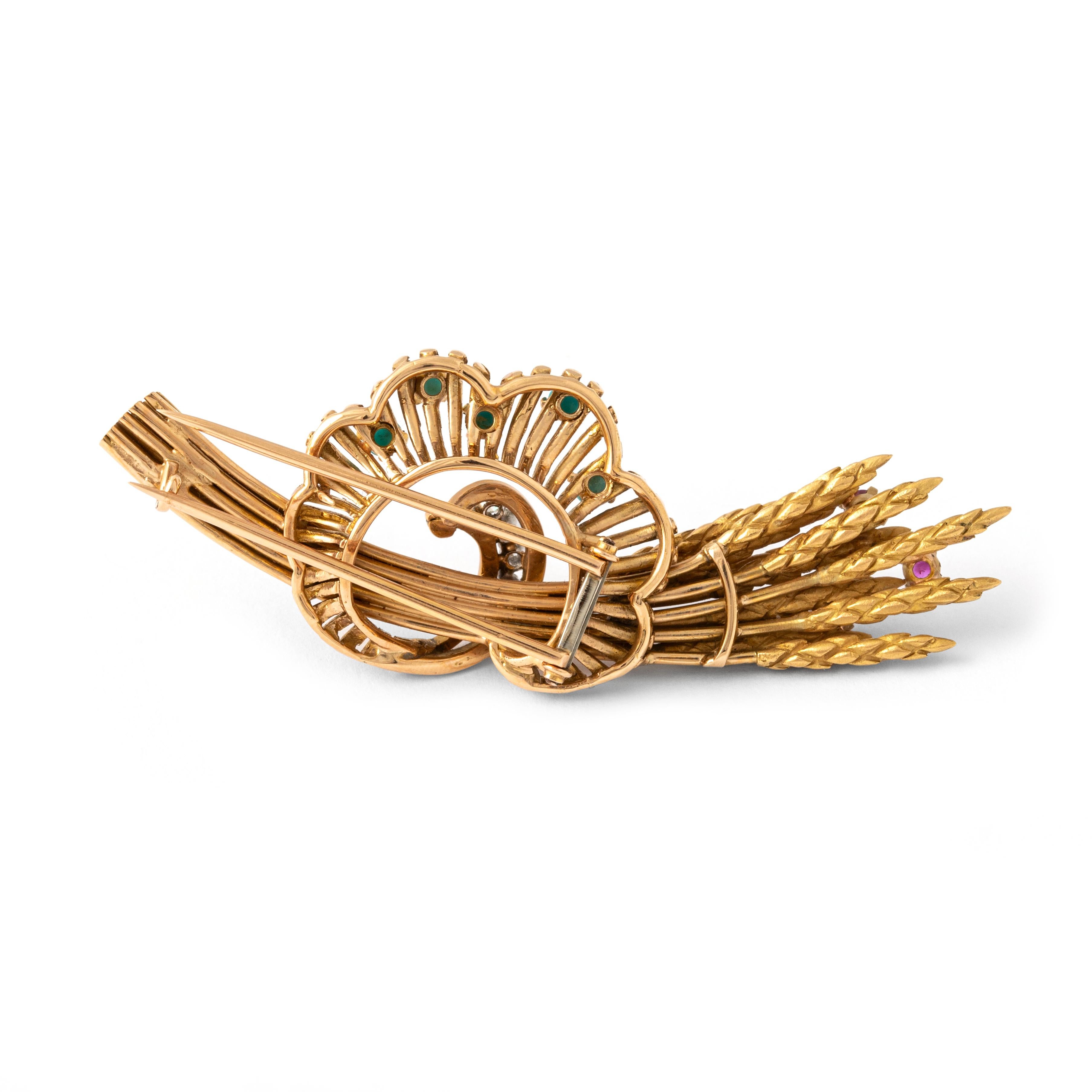 Gavilla de trigo Diamante Turquesa Rubí sobre oro amarillo 18K Broche 1940S en venta 1
