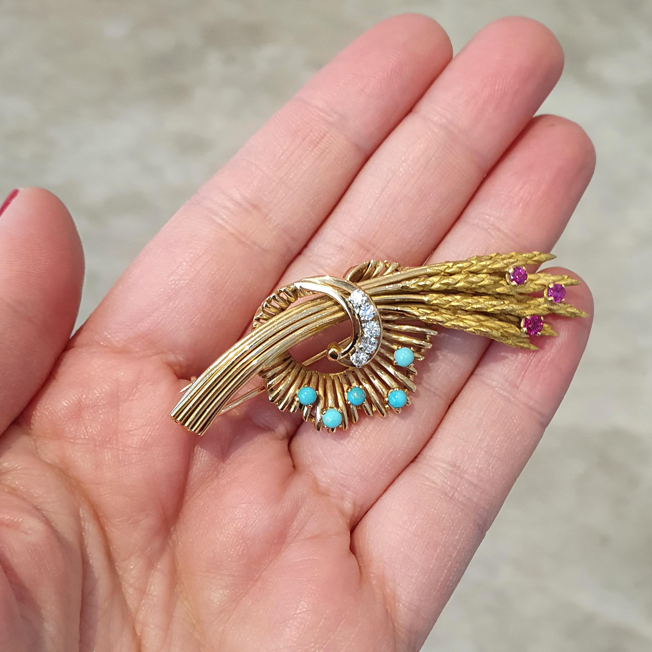 Gavilla de trigo Diamante Turquesa Rubí sobre oro amarillo 18K Broche 1940S en venta 2
