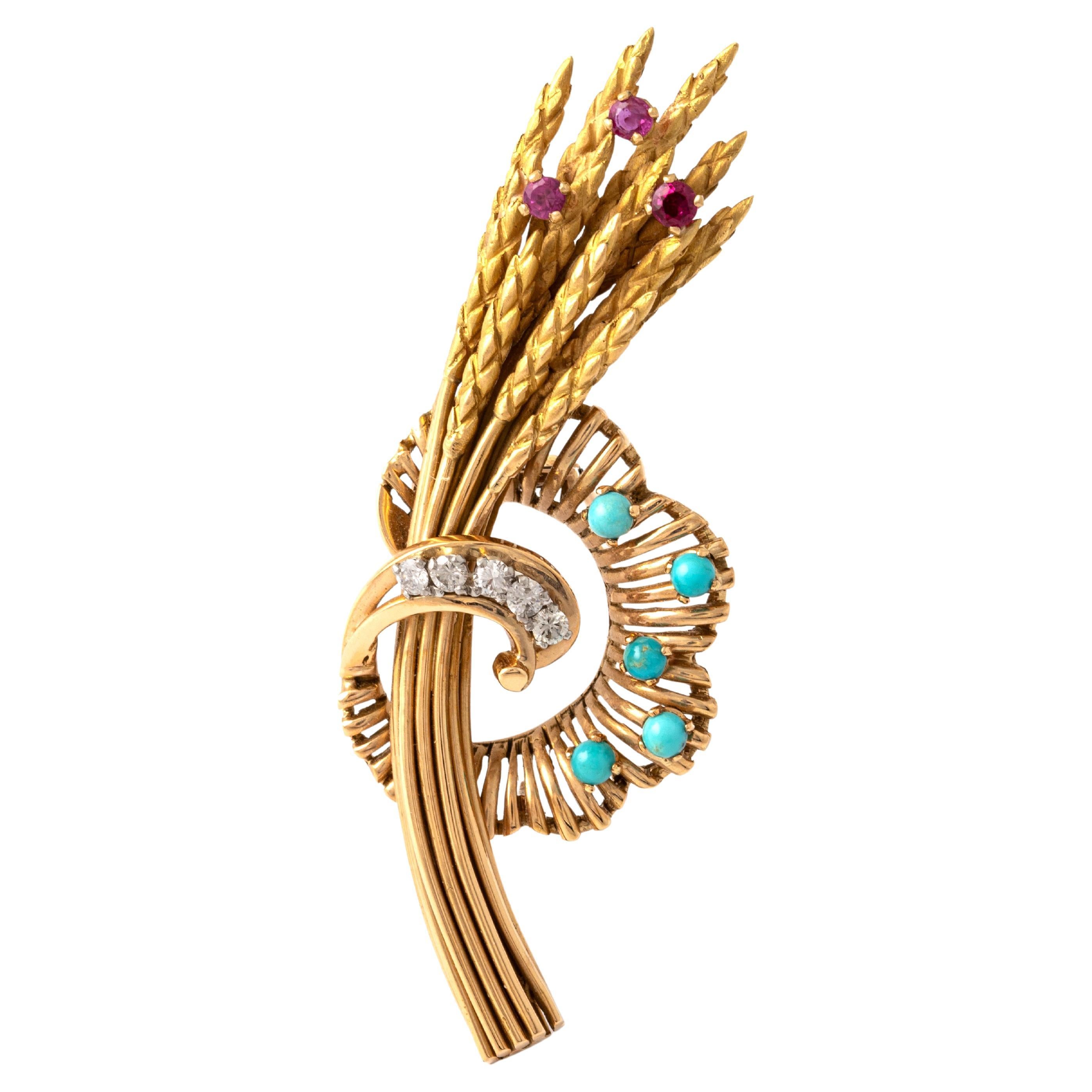 Sheaf of Wheat Diamond Turquoise Ruby on Yellow Gold 18K Brooch 1940S