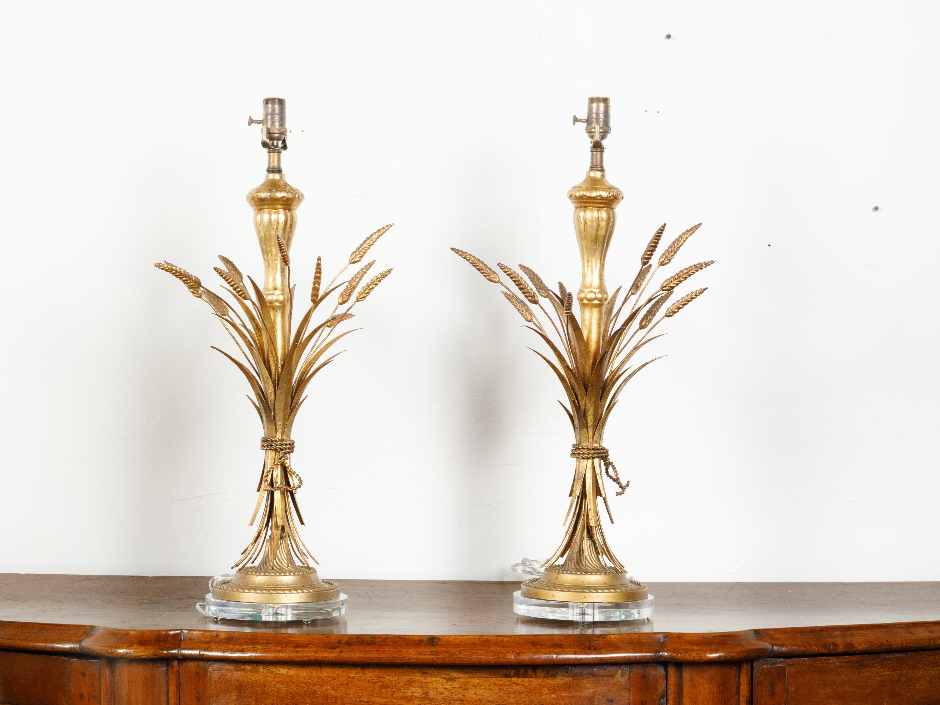 Sheaf of Wheat Gilt Metal Midcentury Table Lamps Mounted on Lucite Bases 3