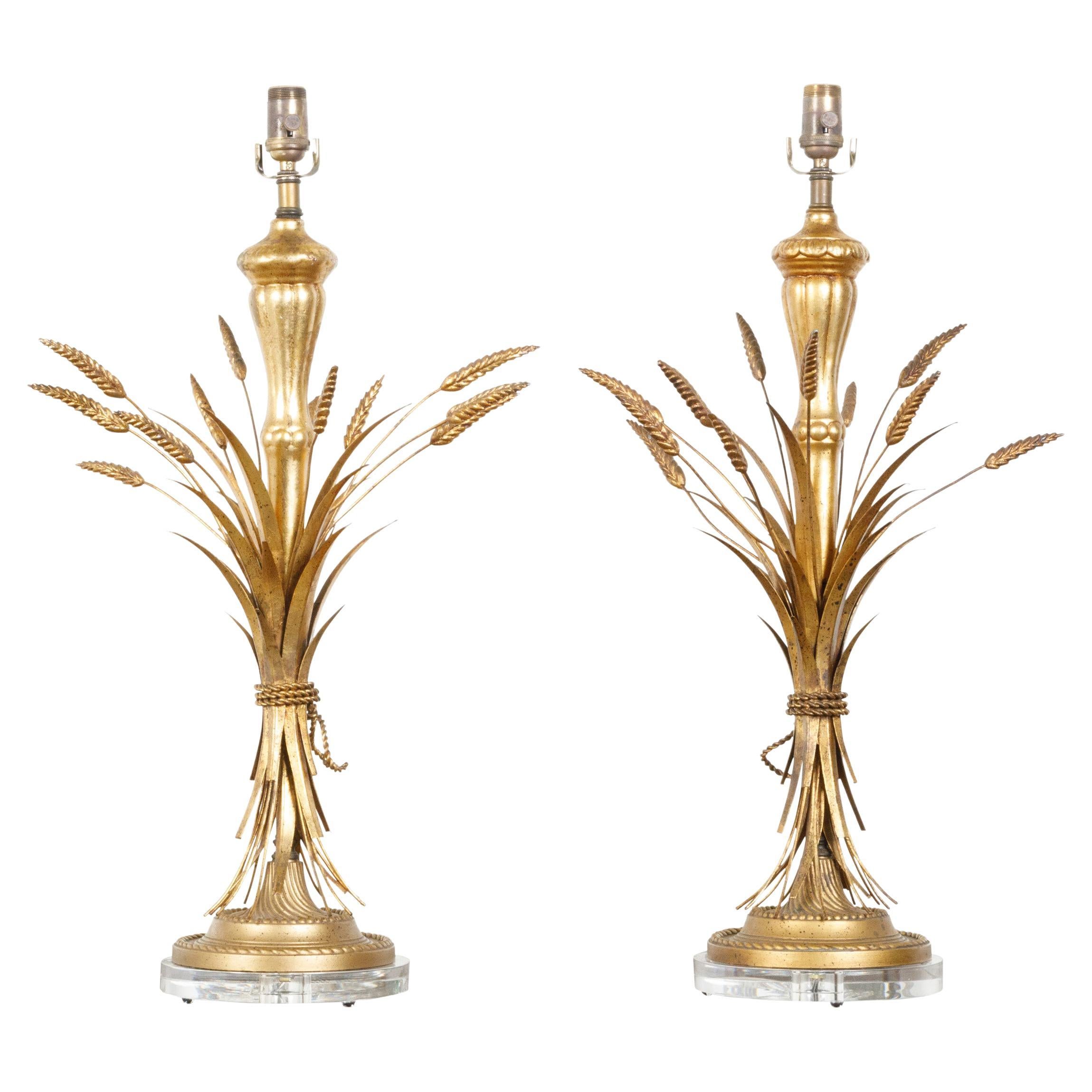 Sheaf of Wheat Gilt Metal Midcentury Table Lamps Mounted on Lucite Bases