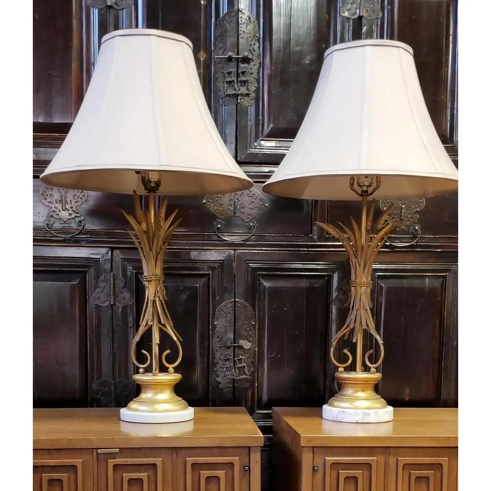 A pair of metal and marble sheaf of wheat table lamps with new shades. Base diameter 6