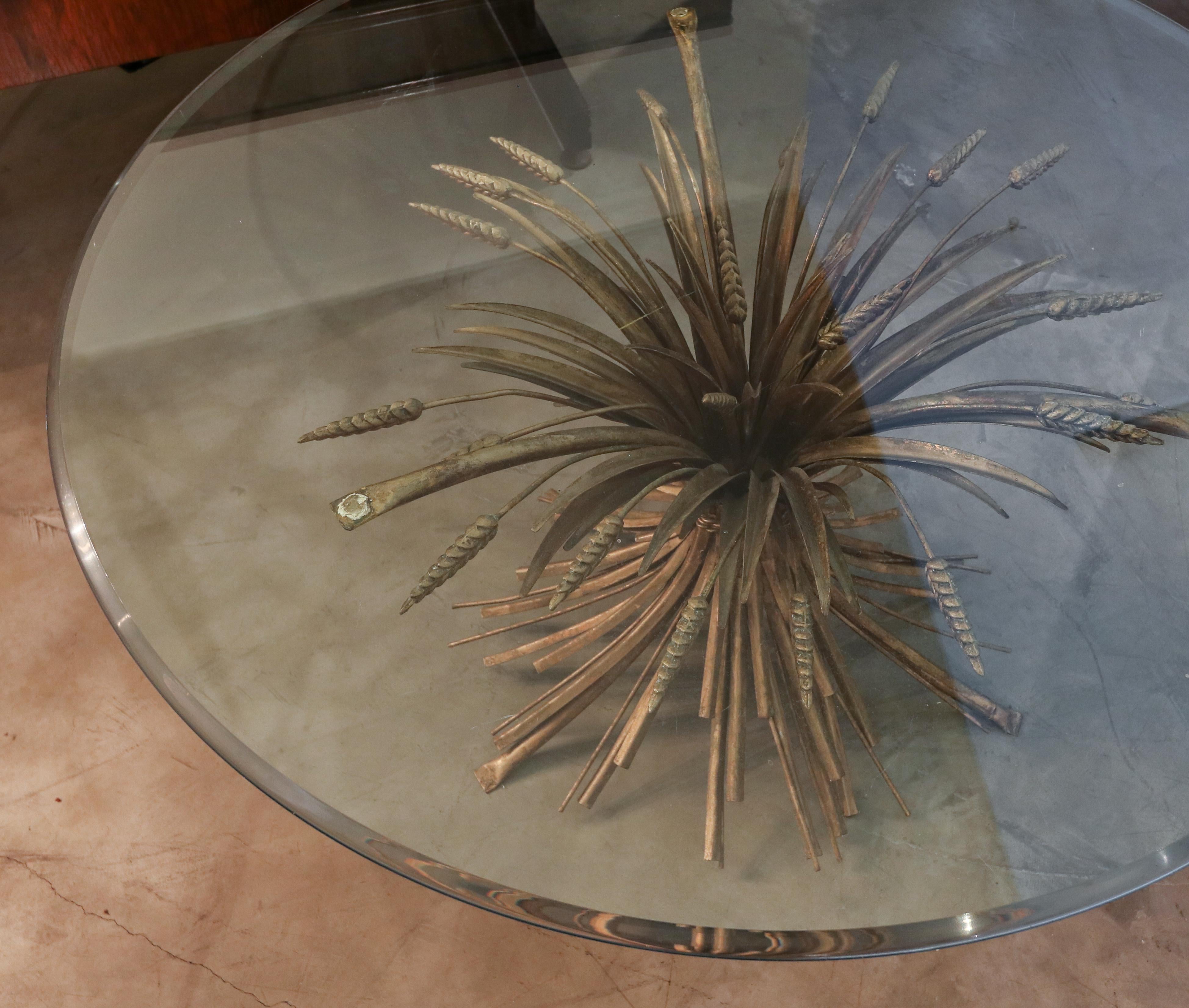 Mid-Century Modern Sheaf of Wheat Metal Coffee Table with Glass Top, 1950s For Sale