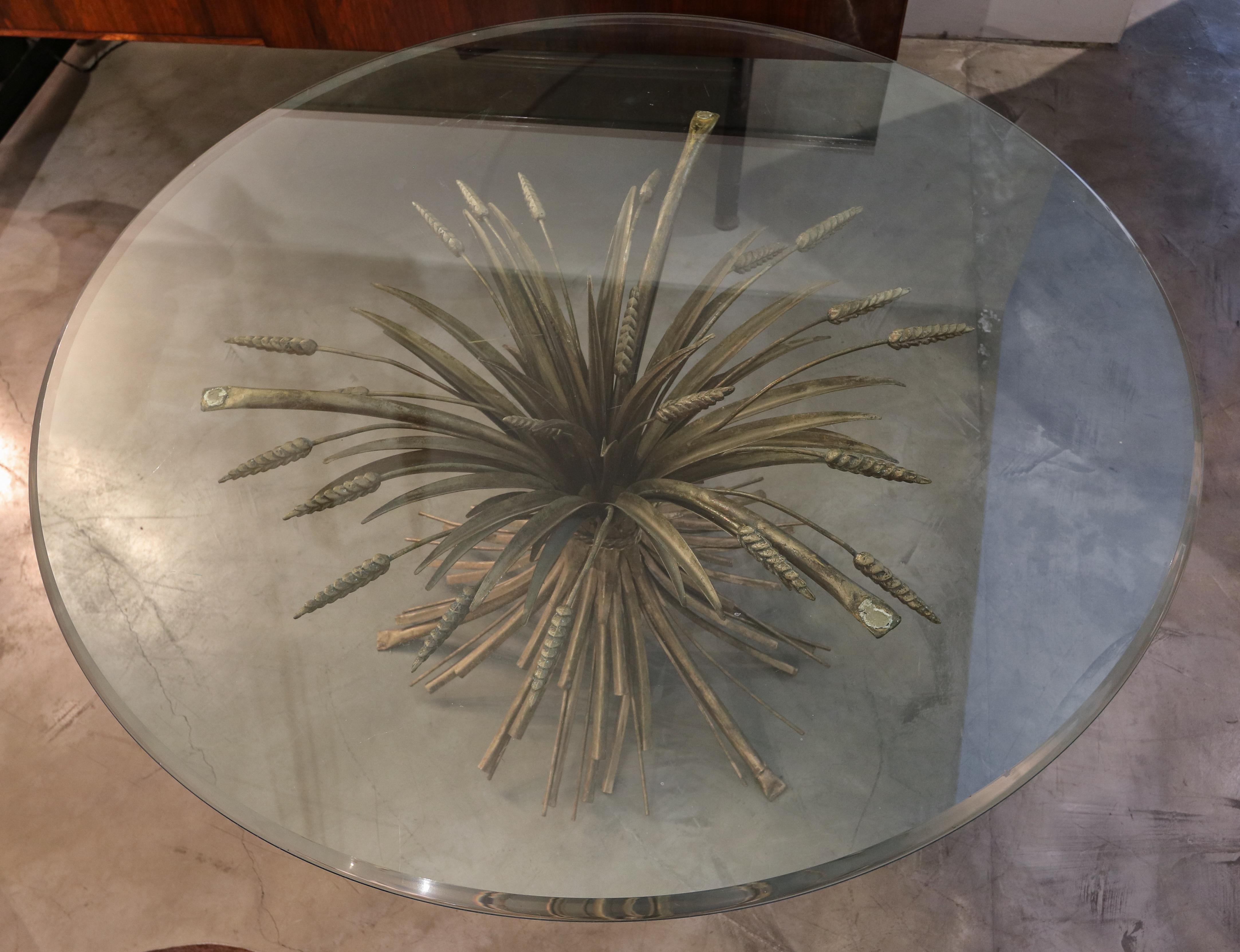 Italian Sheaf of Wheat Metal Coffee Table with Glass Top, 1950s For Sale