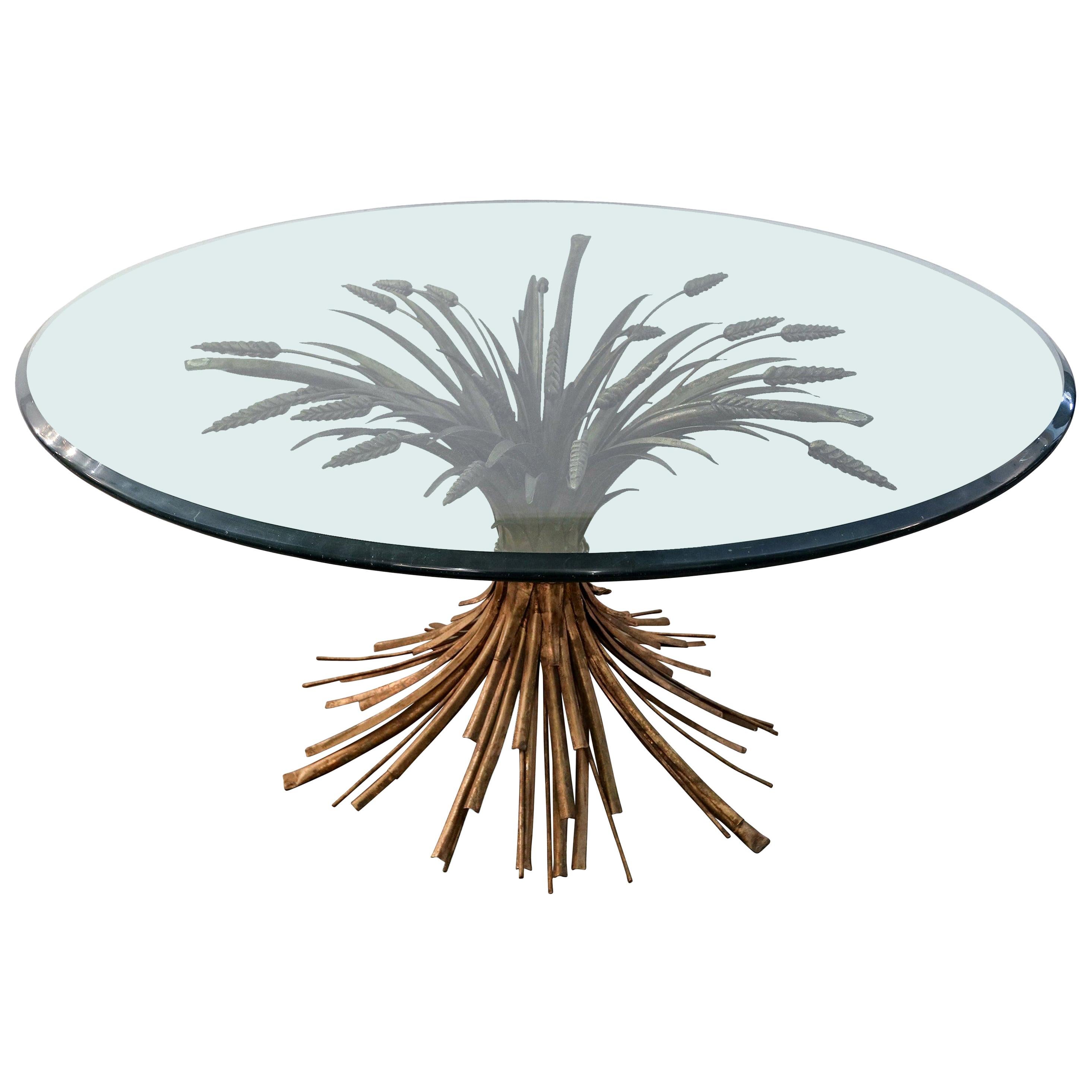 Brass Wheat Sheaf Round Glass Top Coffee Table Mid Century Modern at