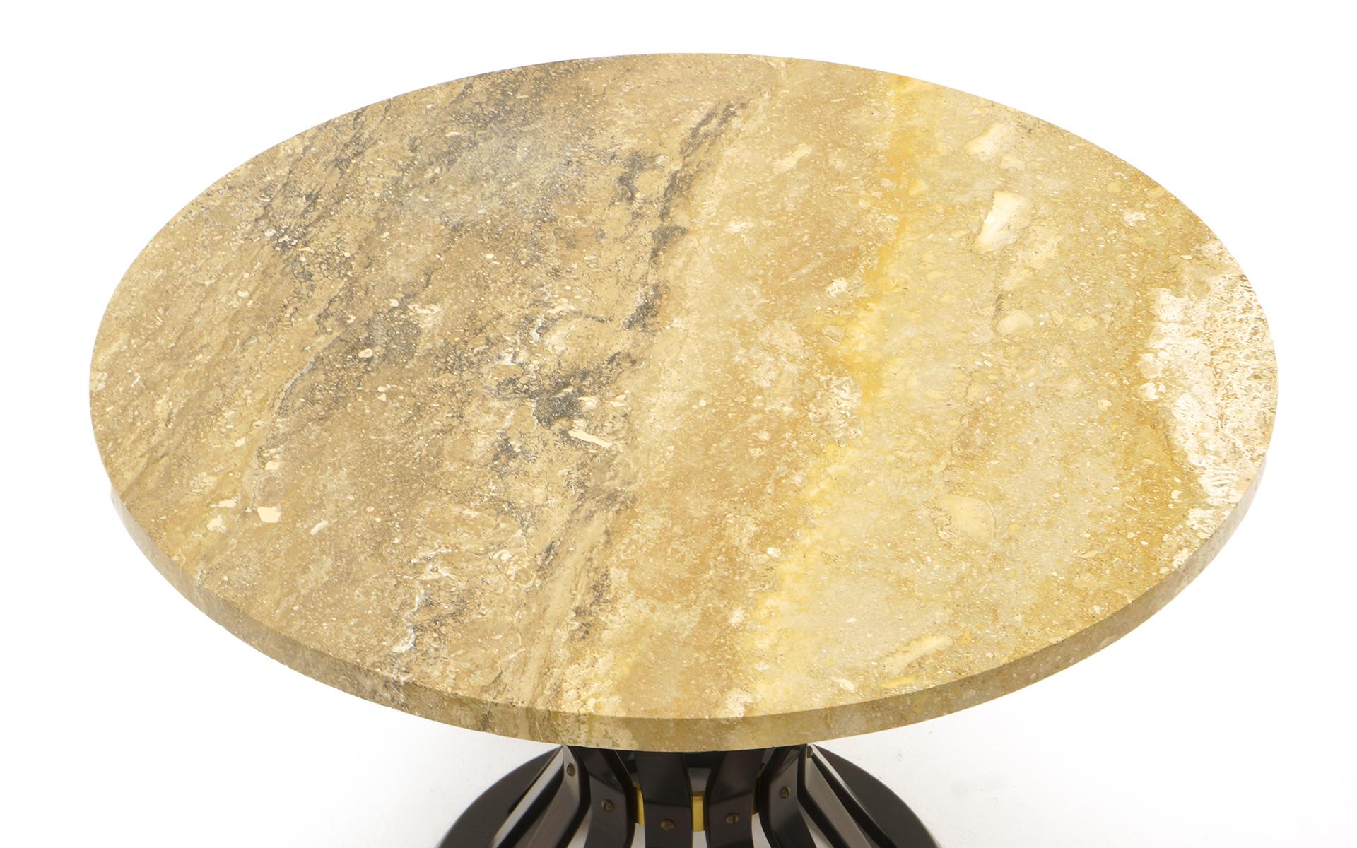 Sheaf of wheat occasional table designed by Edward Wormley. This example has an especially interesting travertine top. Lots of beautiful variation in the stone. Signed with the gold Dunbar metal tag.