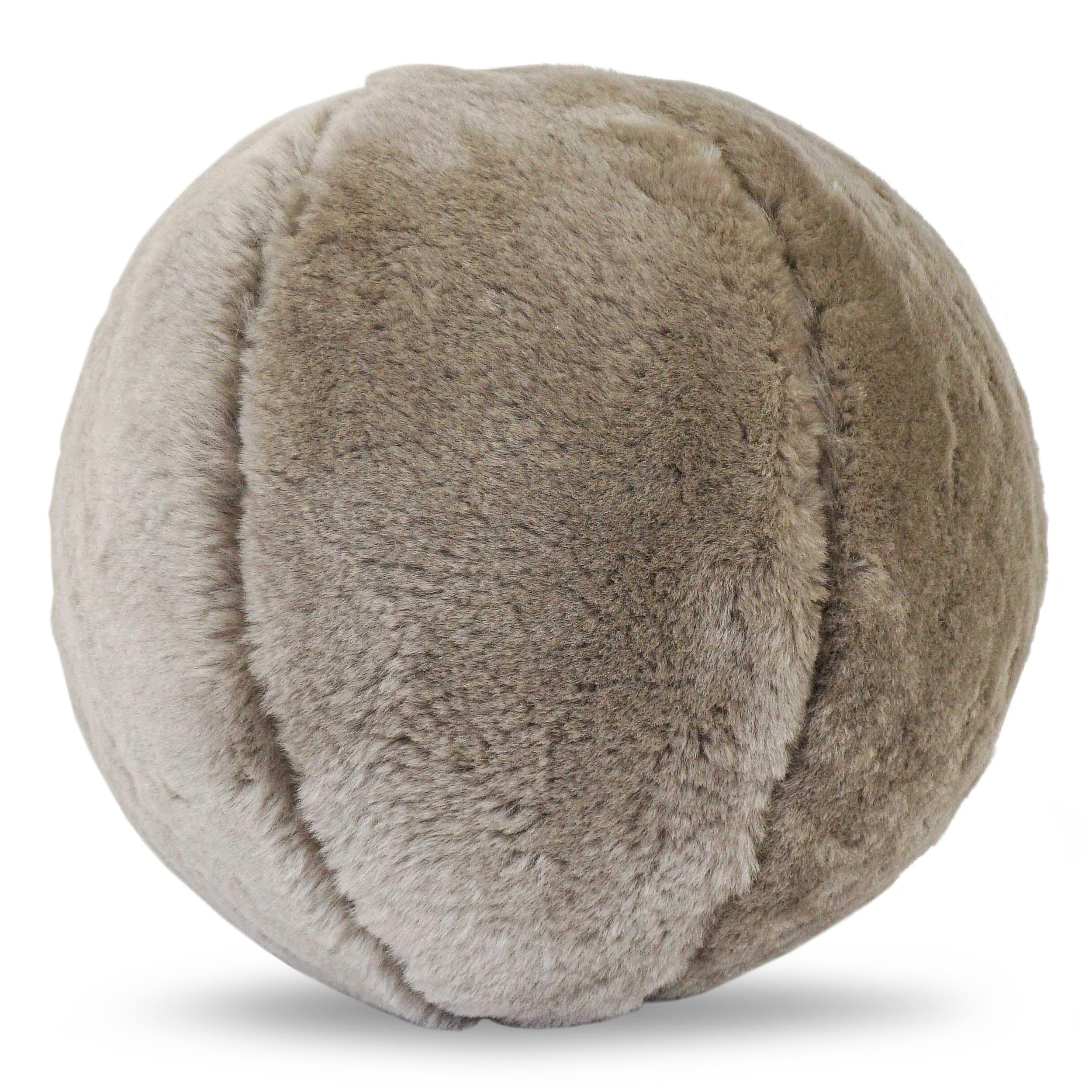 Firm polyfill stuffed ball pillow covered in a cozy gray shearling hide. Can be customized in size and fabric. 

Measurements:
Outside: 13