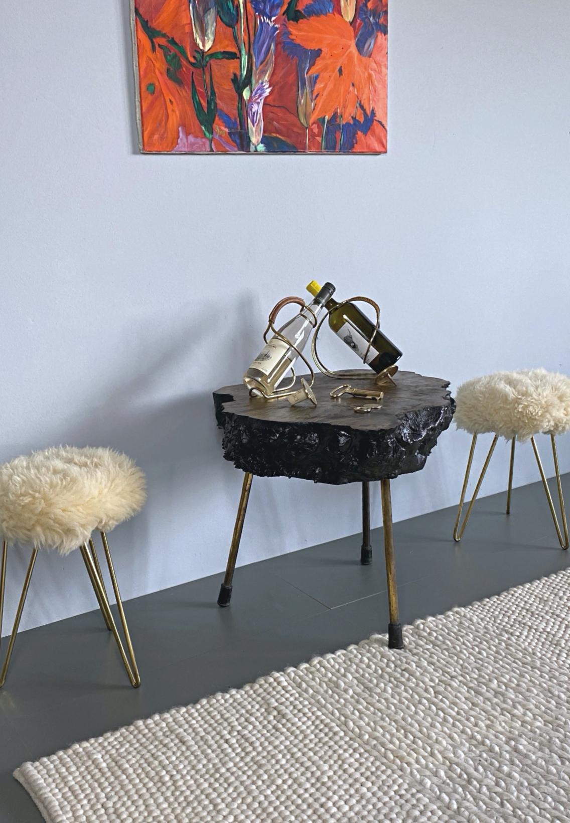Mid-Century Modern Shearling and Brass Hairpin Legs Fur Stools, 1950s, France