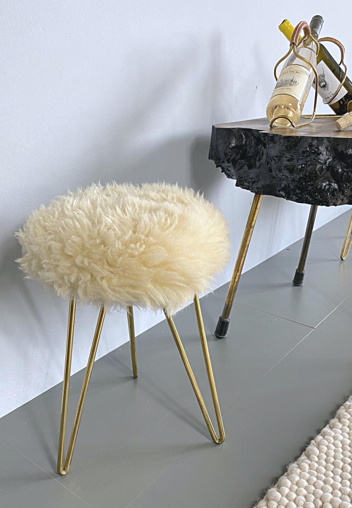 French Shearling and Brass Hairpin Legs Fur Stools, 1950s, France