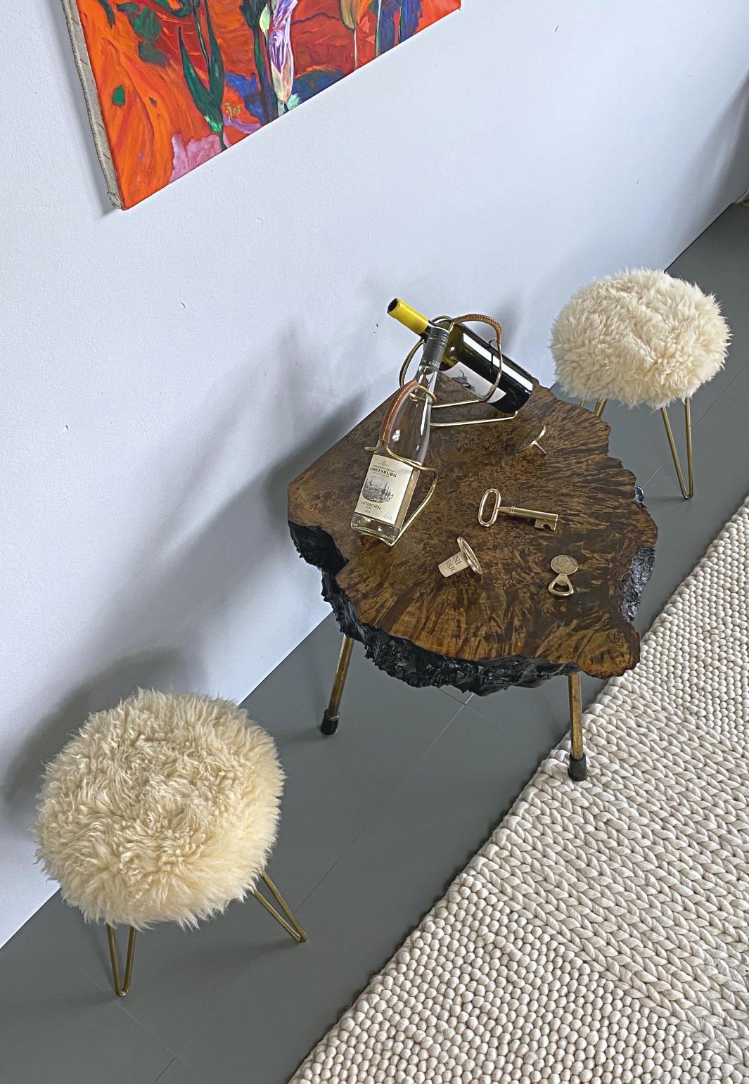Hand-Crafted Shearling and Brass Hairpin Legs Fur Stools, 1950s, France
