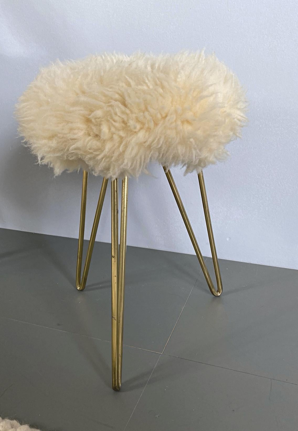 Shearling and Brass Hairpin Legs Fur Stools, 1950s, France In Good Condition In Biebergemund, Hessen