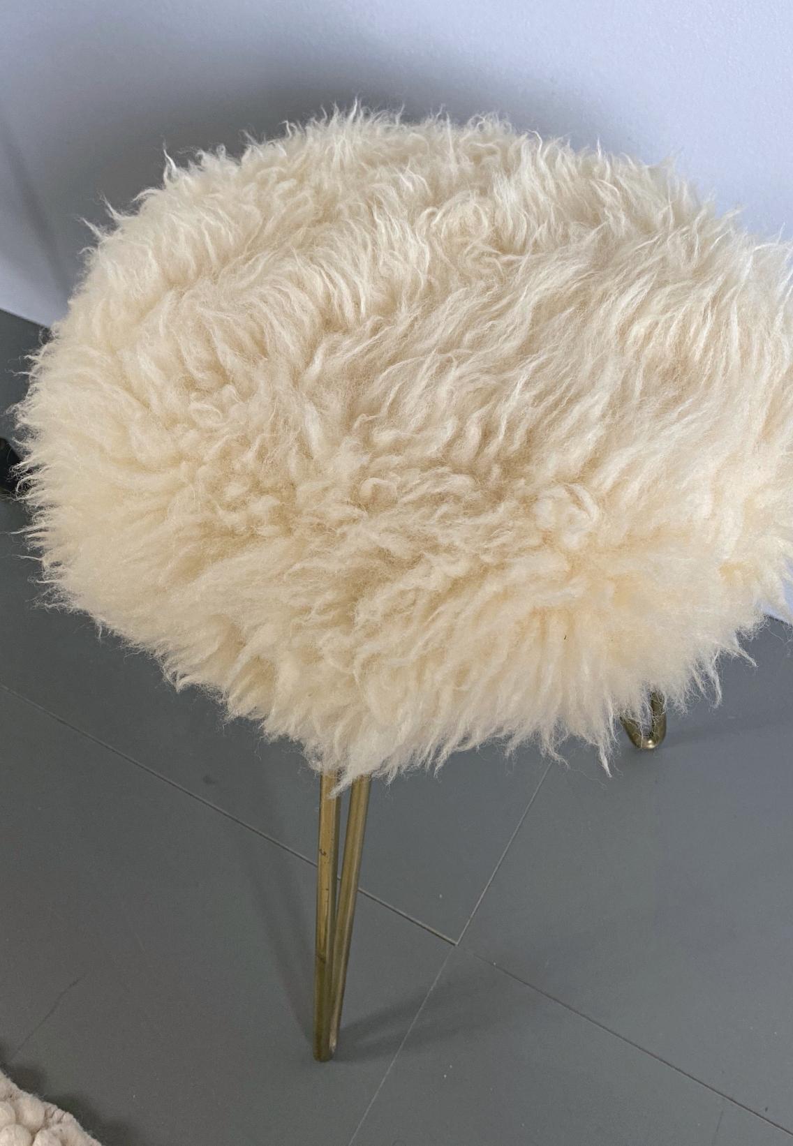 20th Century Shearling and Brass Hairpin Legs Fur Stools, 1950s, France