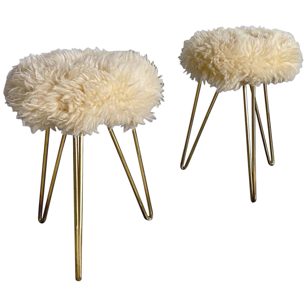 Shearling and Brass Hairpin Legs Fur Stools, 1950s, France