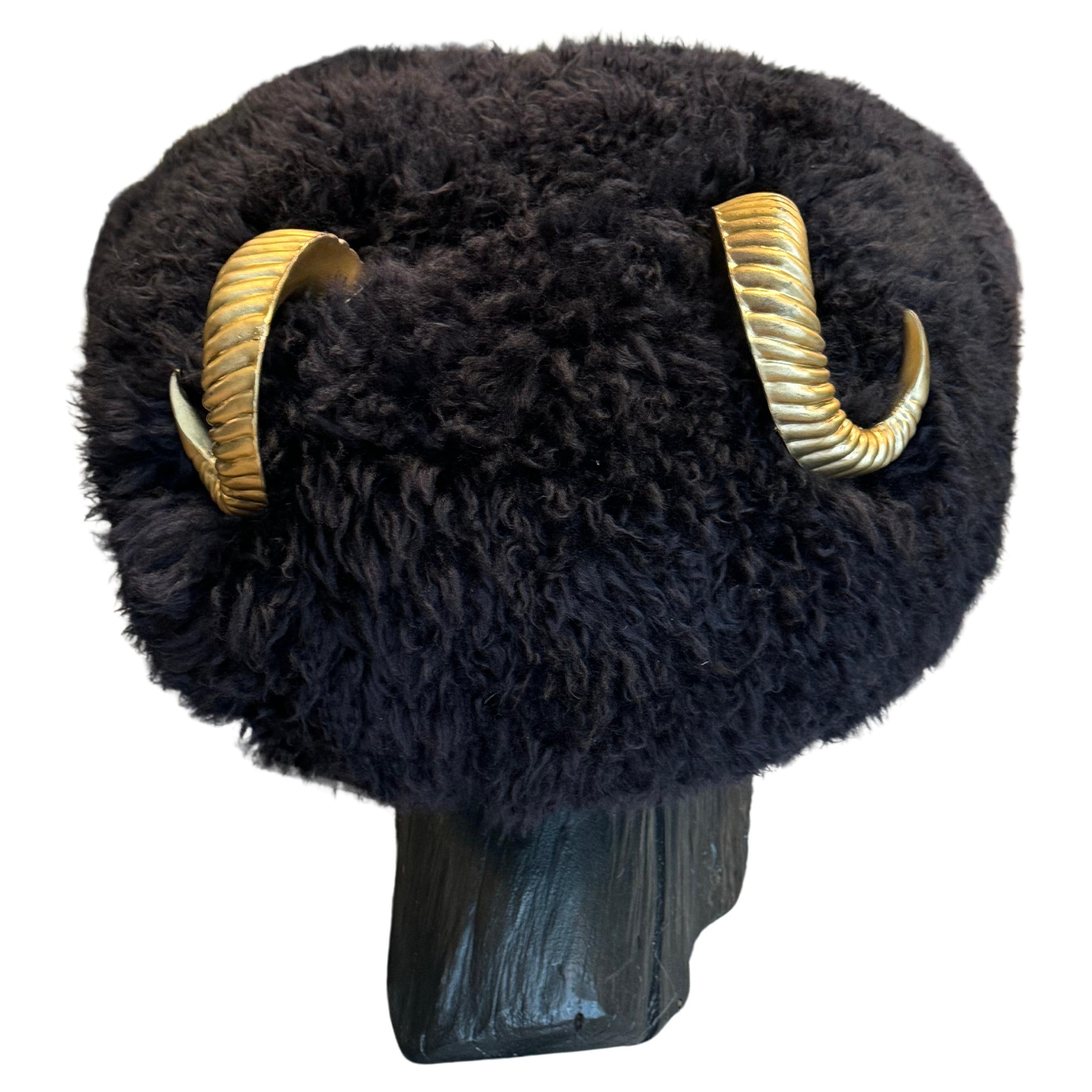 Modern Shearling Buffalo Bench with Brass Horns in the Style of Haas Brothers 