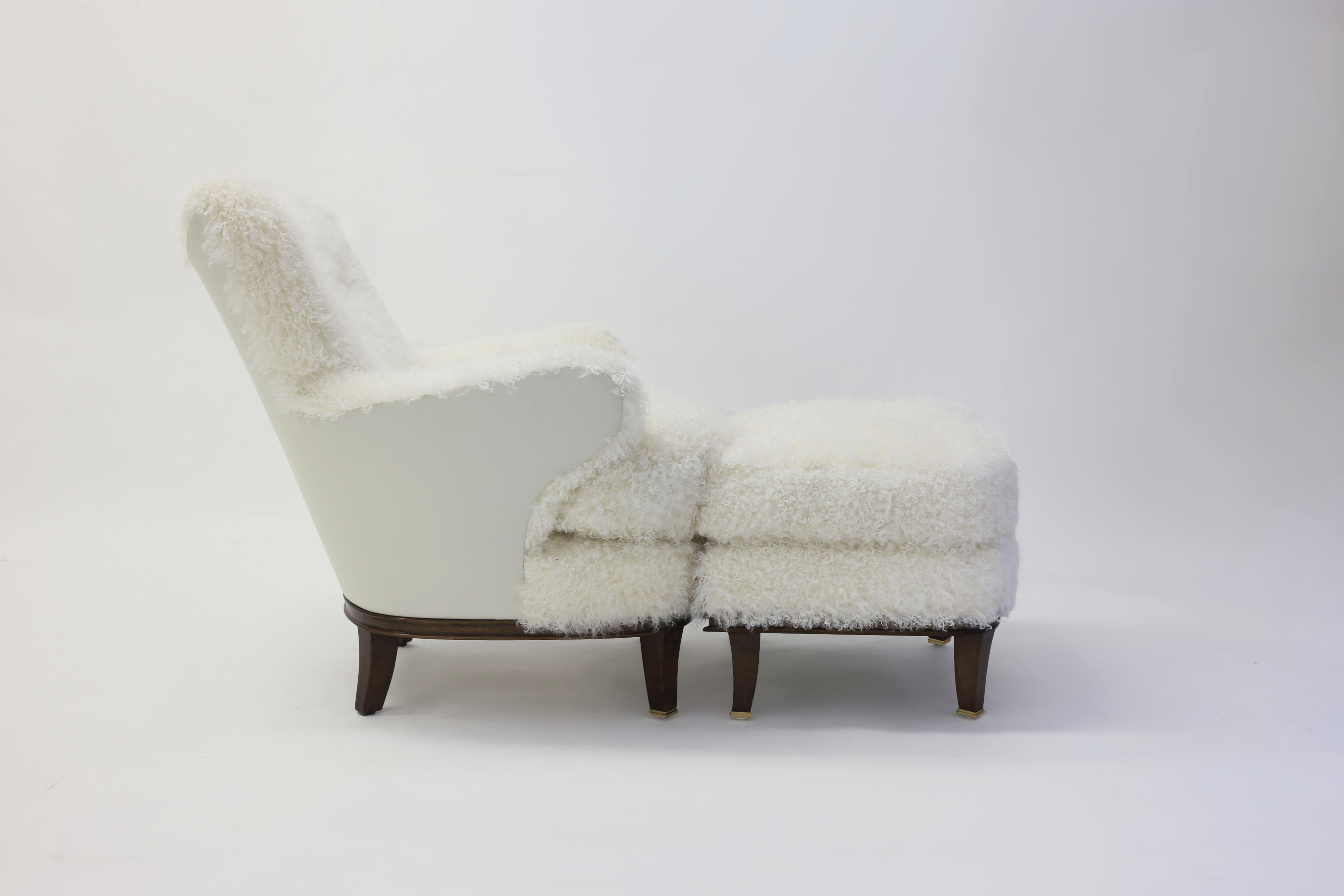 Sheepskin Shearling Covered Shaped Back Chair with Wood Base and Legs with Metal Cap Feet  For Sale