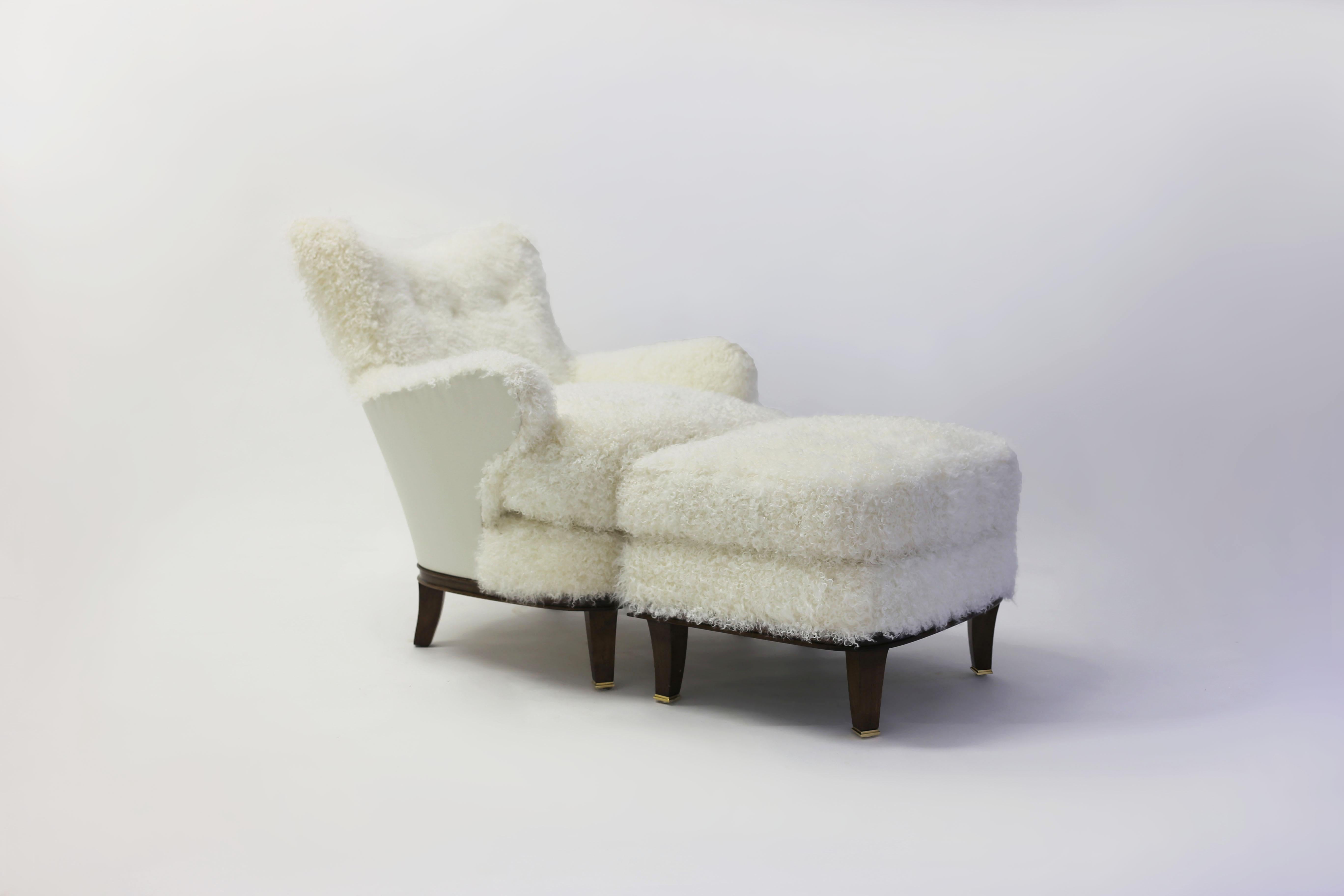 Hand-Carved Shearling Covered Shaped Back Chair with Wood Base and Legs with Metal Cap Feet  For Sale