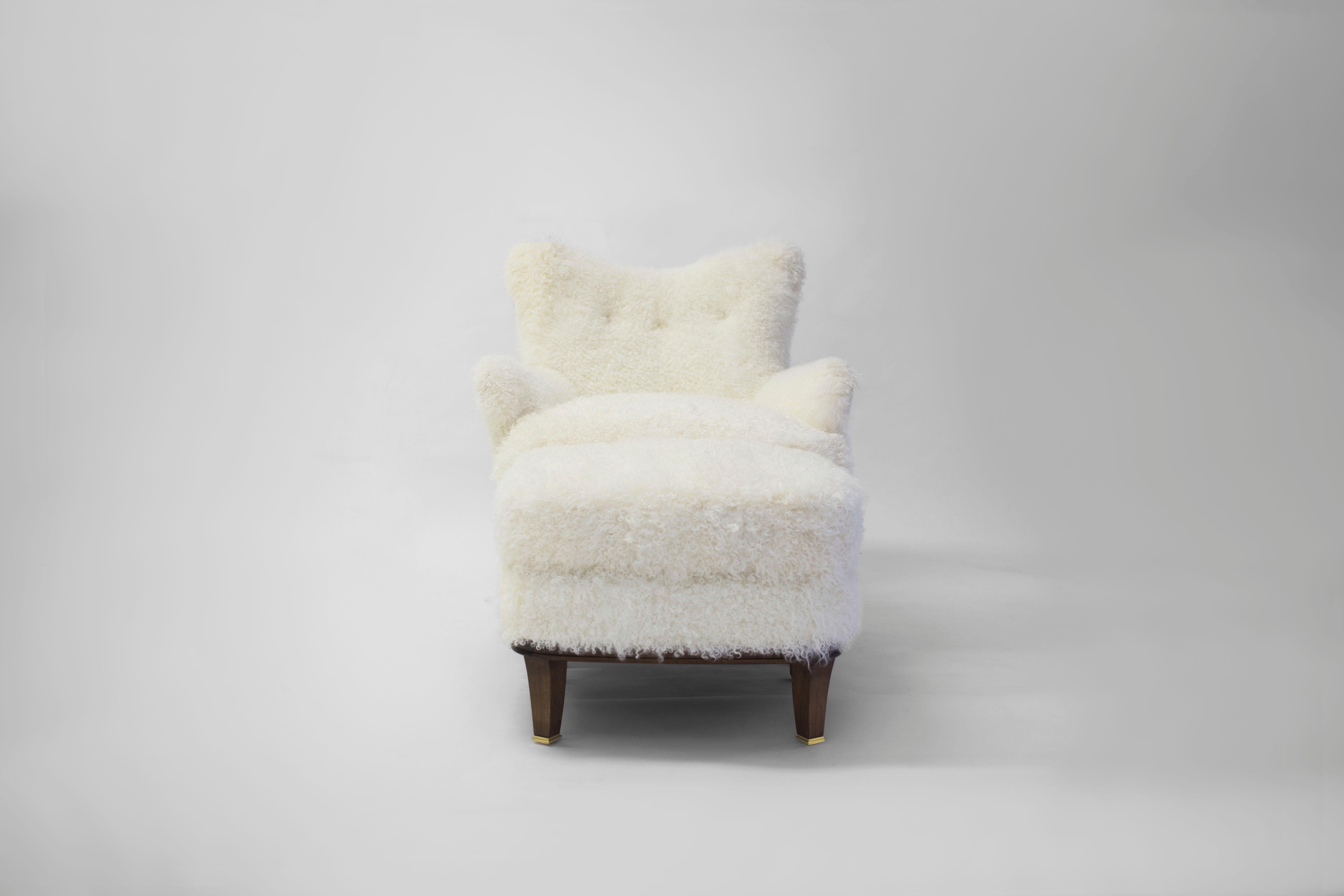 Contemporary Shearling Covered Shaped Back Chair with Wood Base and Legs with Metal Cap Feet  For Sale