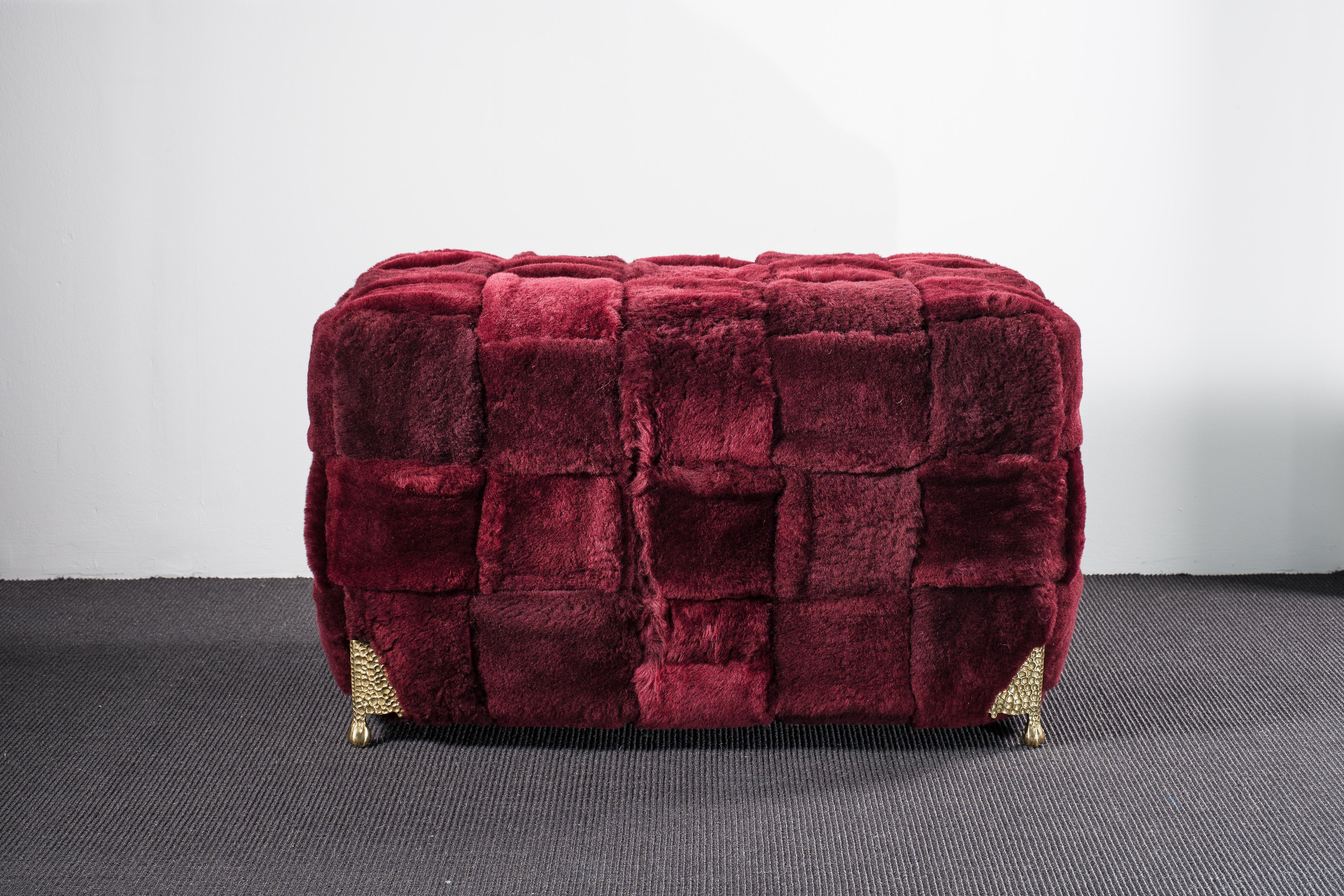 Hand-Crafted Shearling Ottoman with Brass Legs