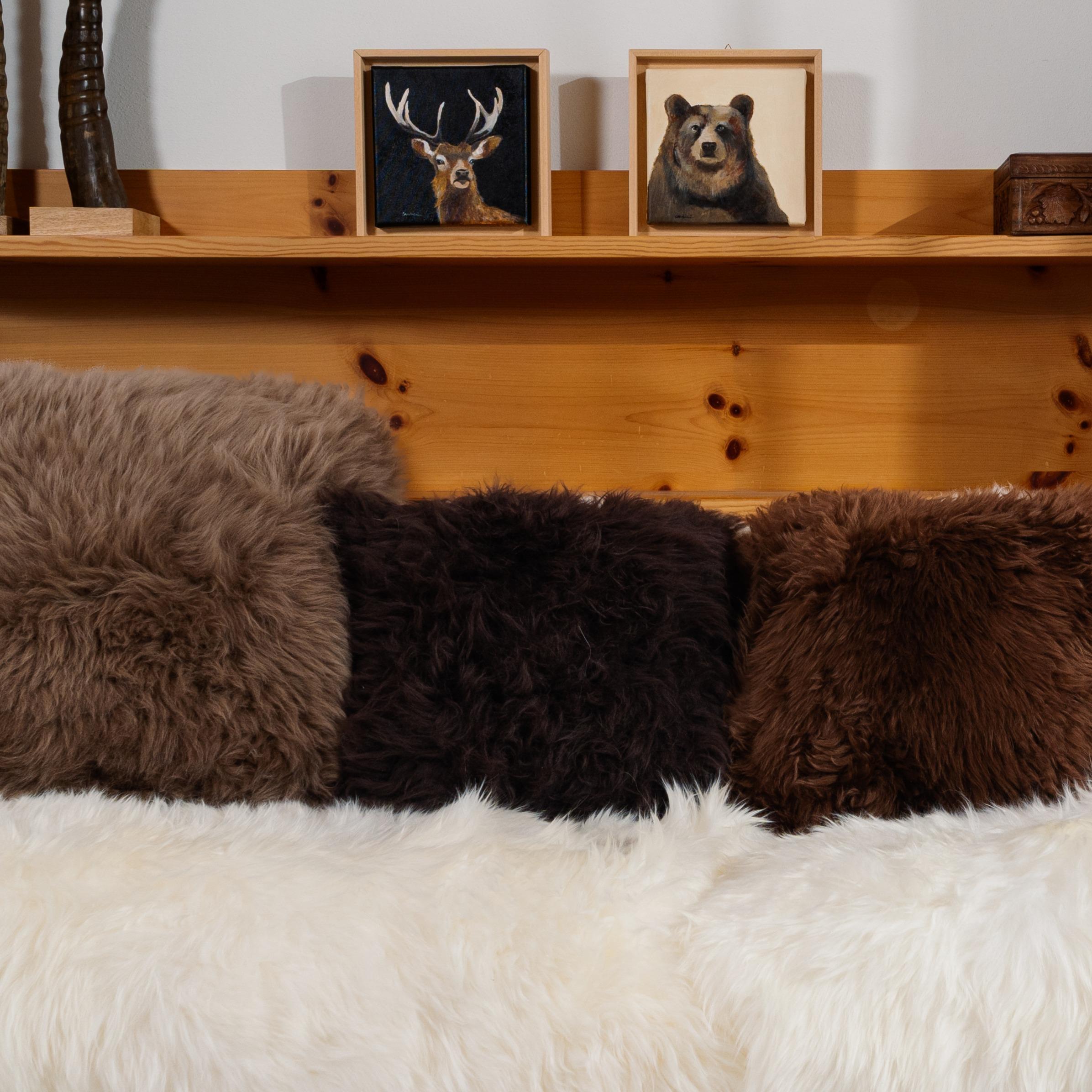 Contemporary Shearling Sheepskin Dark Brown Cushion by Muchi Decor, Made in Italy For Sale