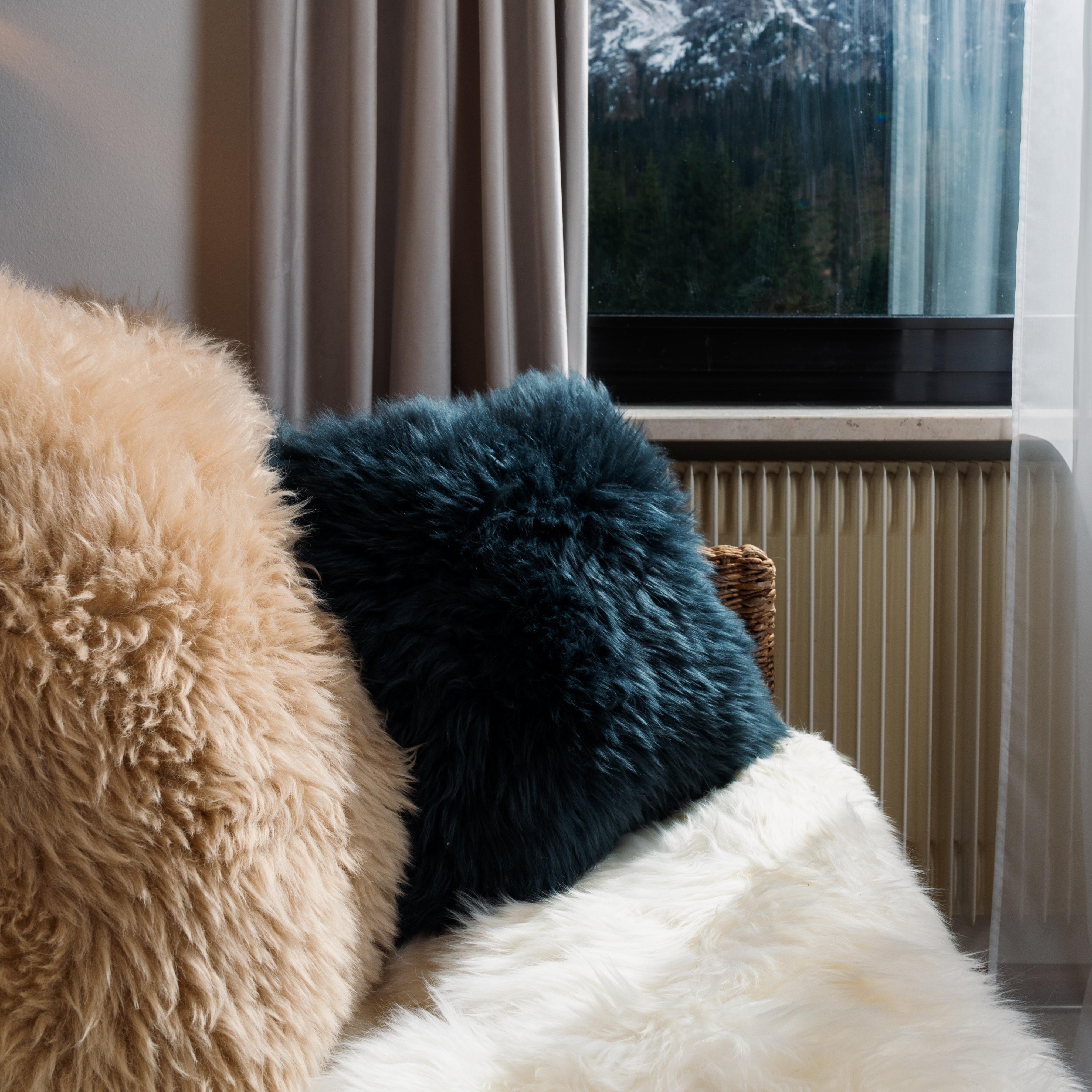 Shearling Sheepskin Dark Green Cushion by Muchi Decor, Made in Italy For Sale 1
