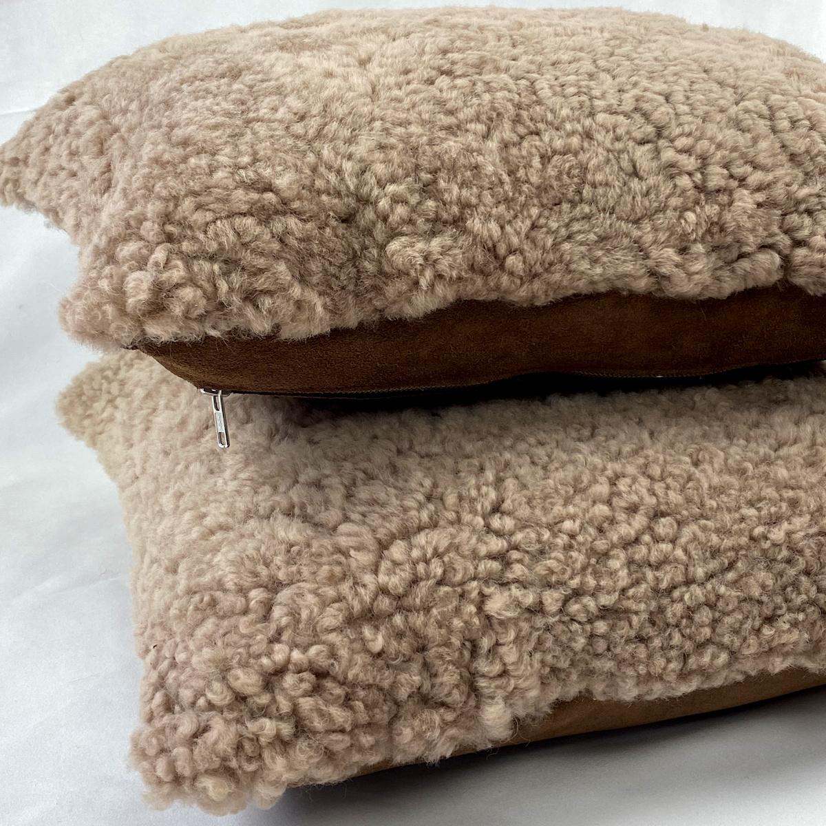 Scandinavian Modern Shearling Sheepskin Pillow, Brown Hazelnut For Sale