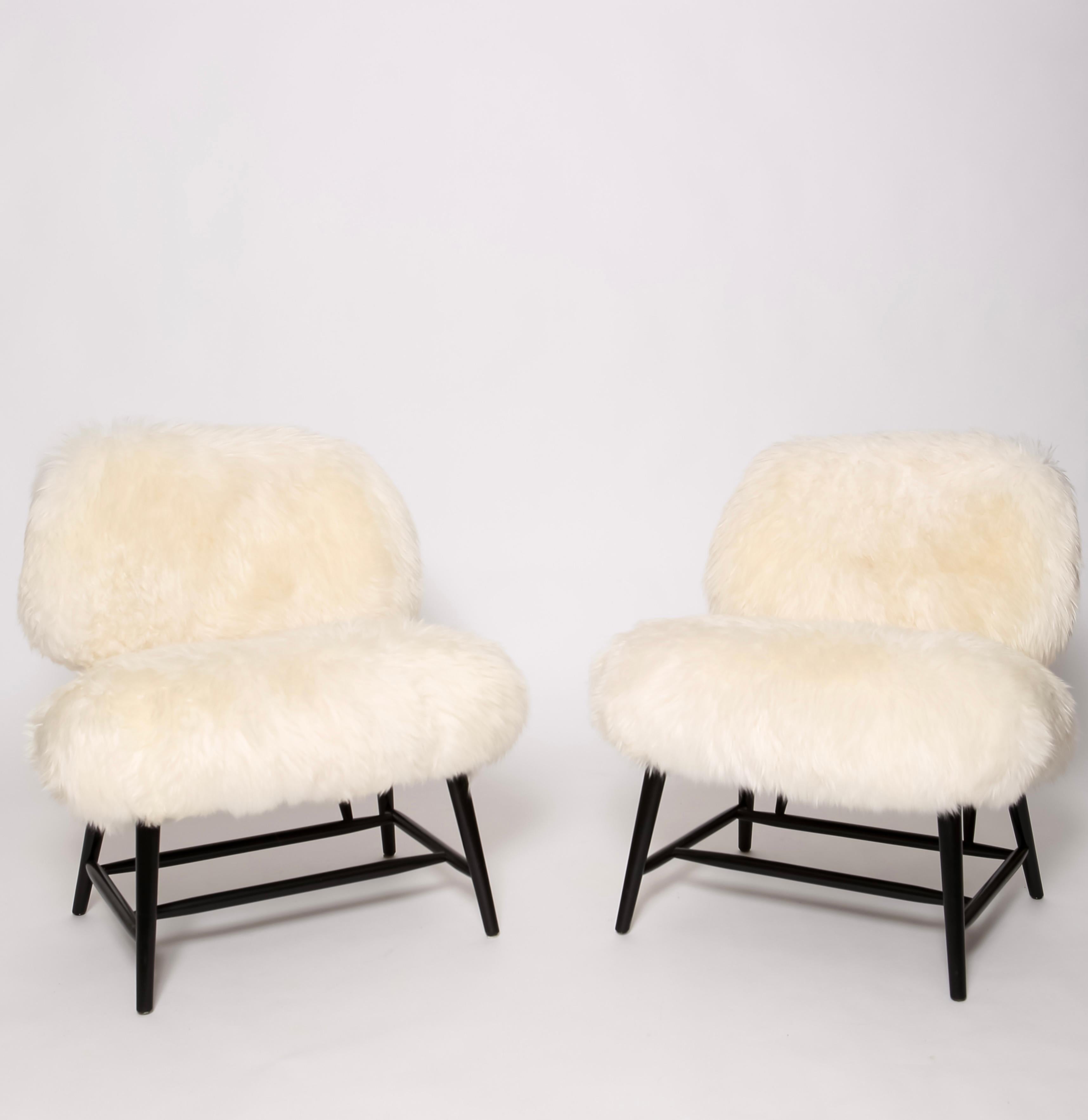 Lacquer TeVe Chairs, a Pair by Alf Svensson in shearling