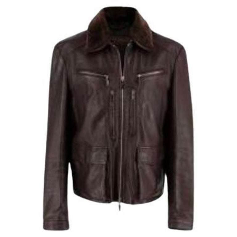 Shearling Trim Brown Leather Jacket For Sale at 1stDibs