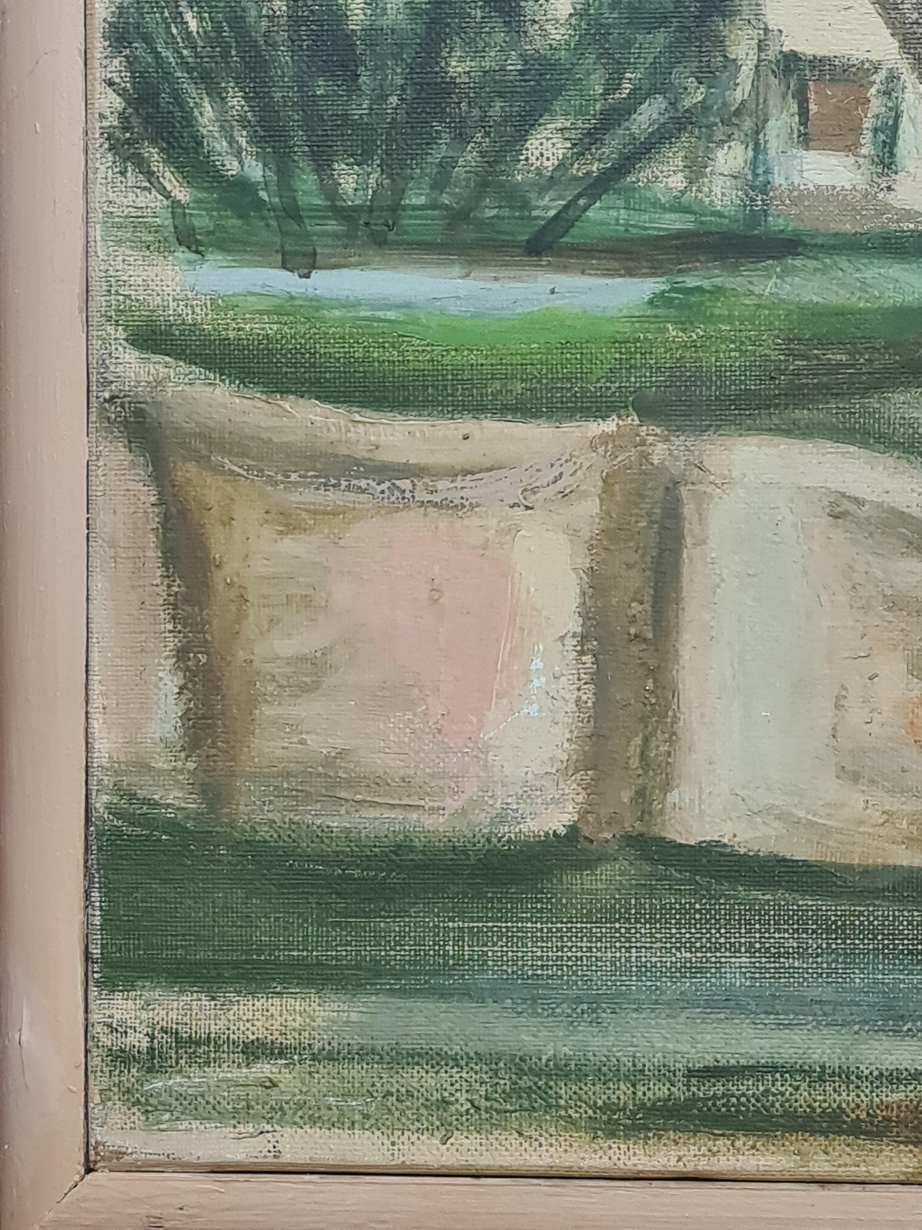Mid Century Painting of a Church, In a Monastery Garden For Sale 7