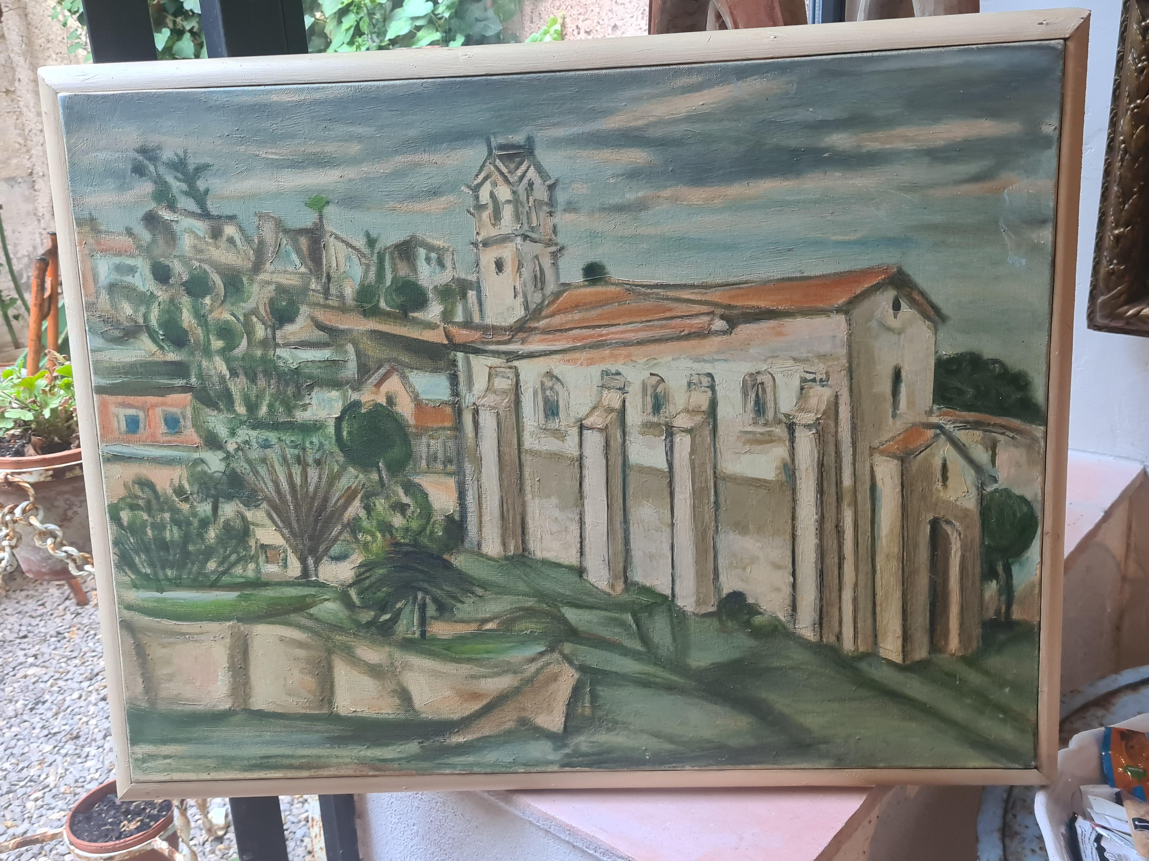 Mid Century Painting of a Church, In a Monastery Garden For Sale 8