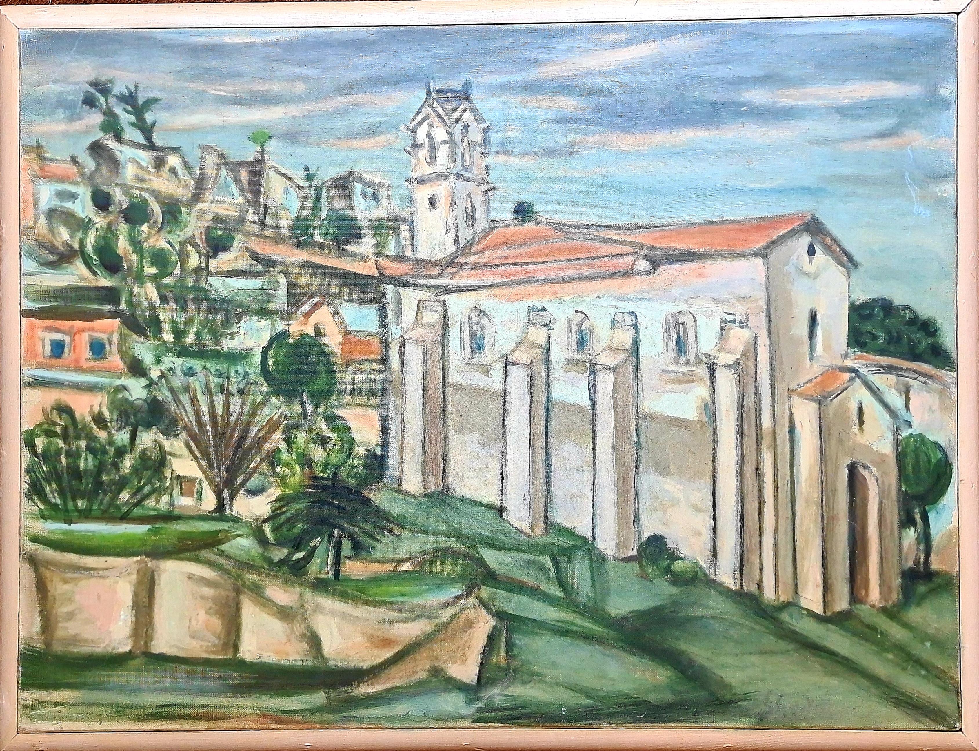 Mid Century Painting of a Church, In a Monastery Garden - Gray Landscape Painting by Shedlin (Reginald Schoedelin)